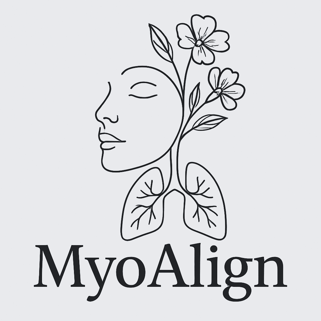 Outline illustration of a face and lungs with flowers and leaves growing from the lungs, accompanied by the text 'MyoAlign' underneath.