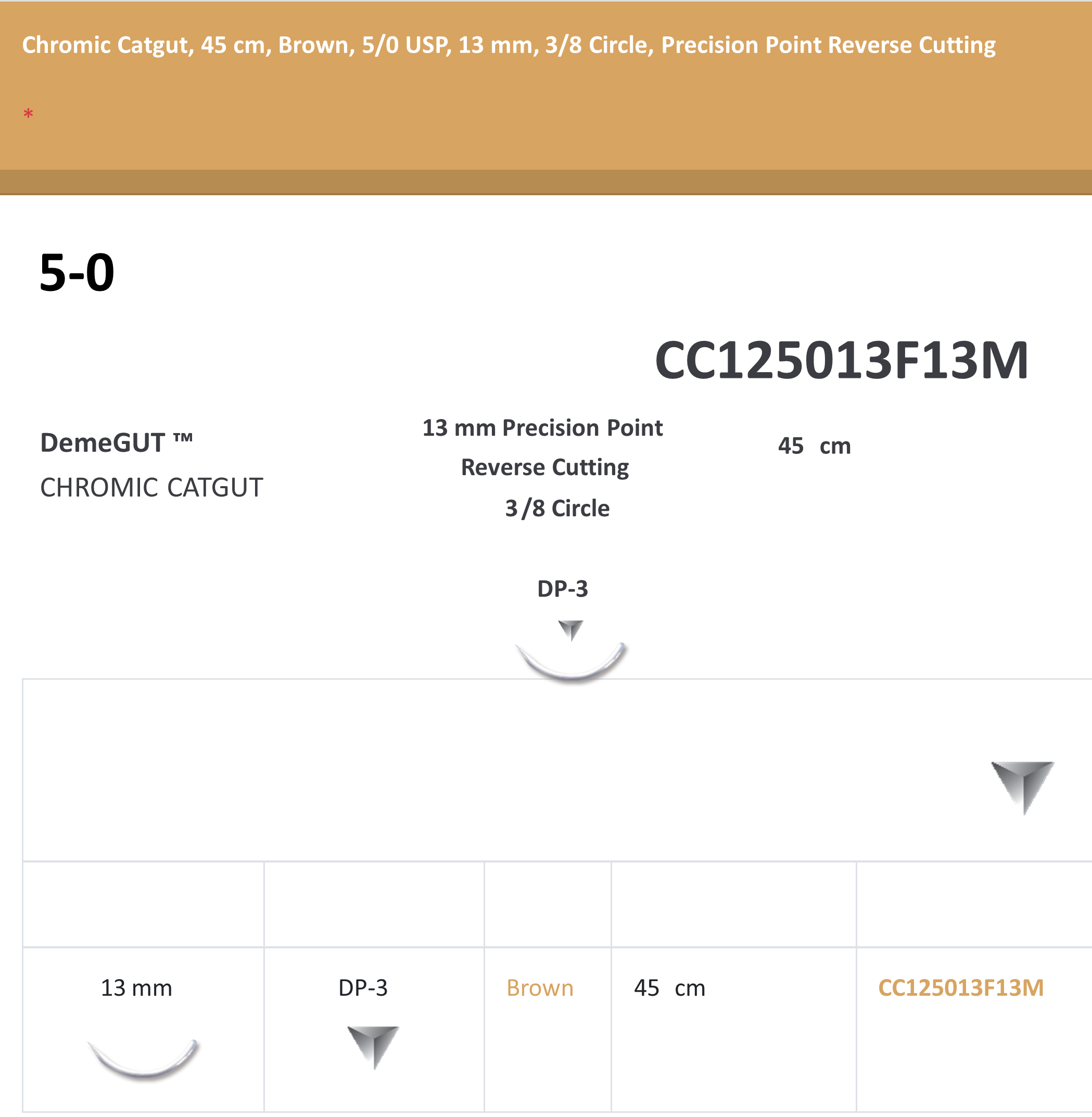 CHROMIC CATGUT 5-0 SUTURES, 45CM, BROWN, 5/0 USP, 13MM, 3/8 CIRCLE, PRECISION POINT REVERSE CUTTING 12/BX