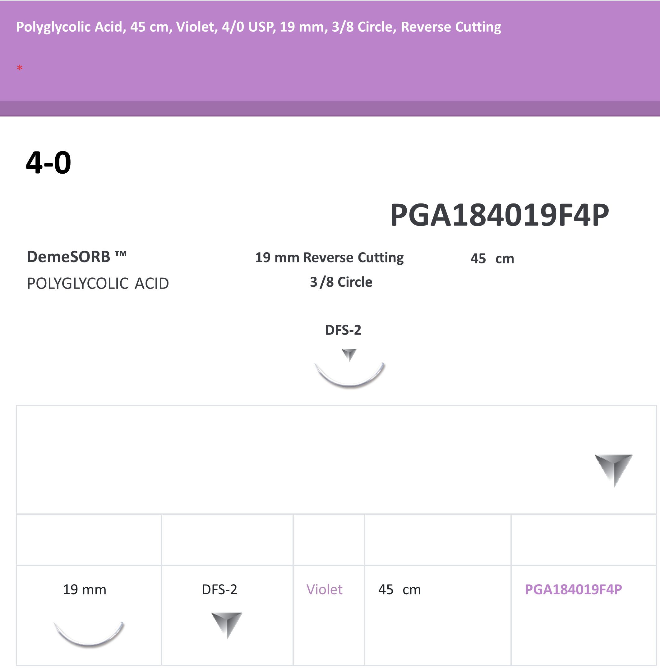 POLYGLYCOLIC ACID 4-0 SUTURES, 45CM, VIOLET, 4/0 USP, 19MM, 3/8 CIRCLE, REVERSE CUTTING 12/BX