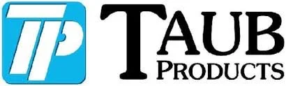 Logo of TAUB Products with blue and white graphic and black text