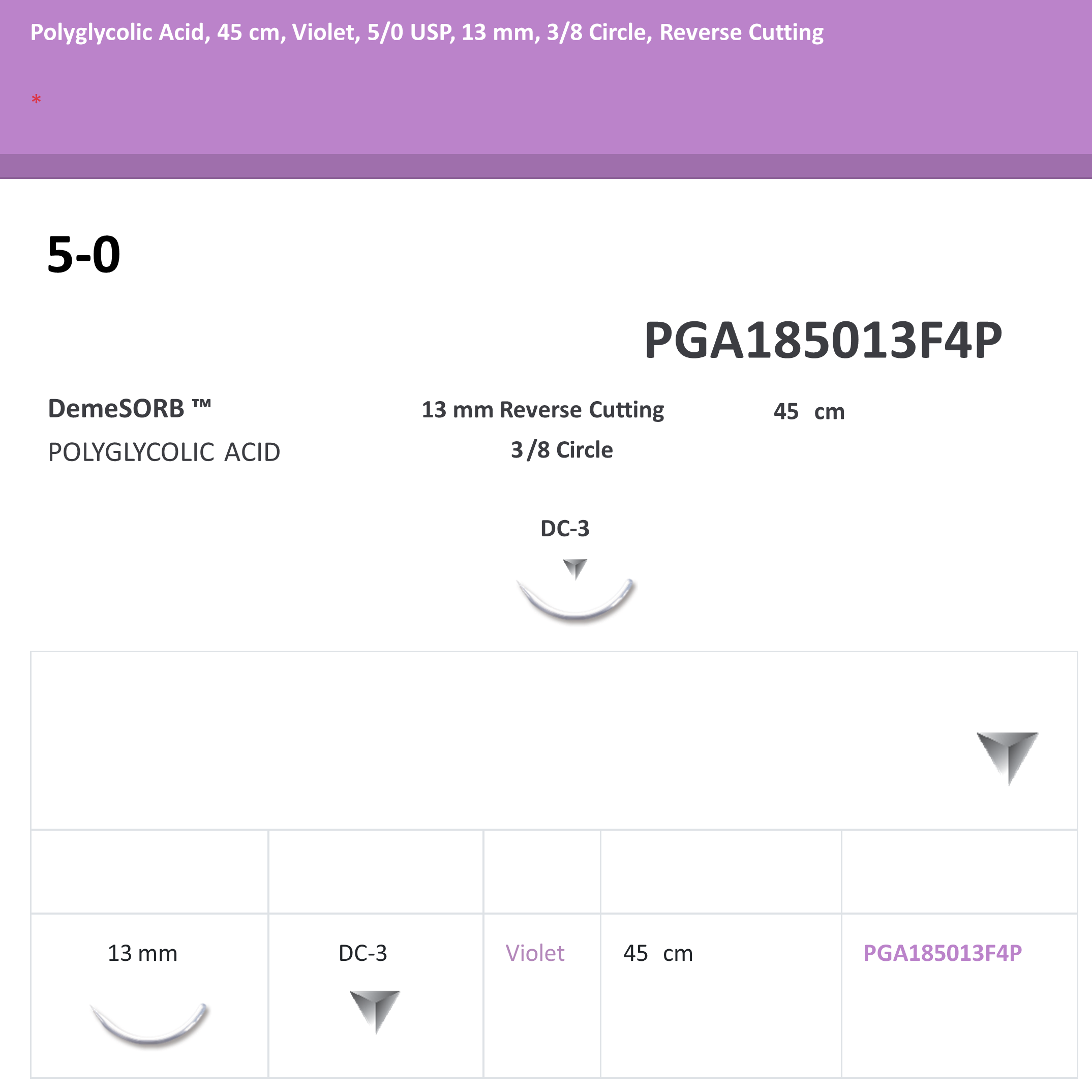 POLYGLYCOLIC ACID 5-0 SUTURES, 45 CM, VIOLET, 5/0 USP, 13 MM, 3/8 CIRCLE, REVERSE CUTTING 12/BX