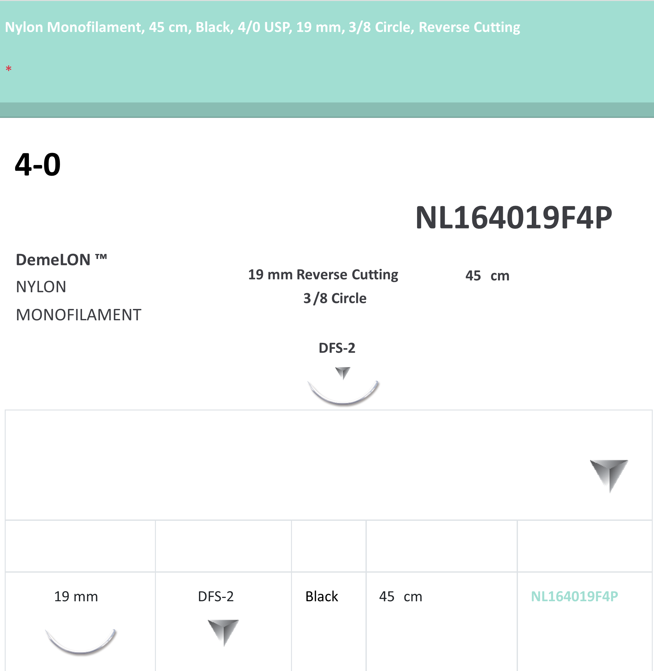 NYLON MONOFILAMENT 4-0 SUTURES, 45CM, BLACK, 4/0 USP, 19MM, 3/8 CIRCLE, REVERSE CUTTING 12/BX