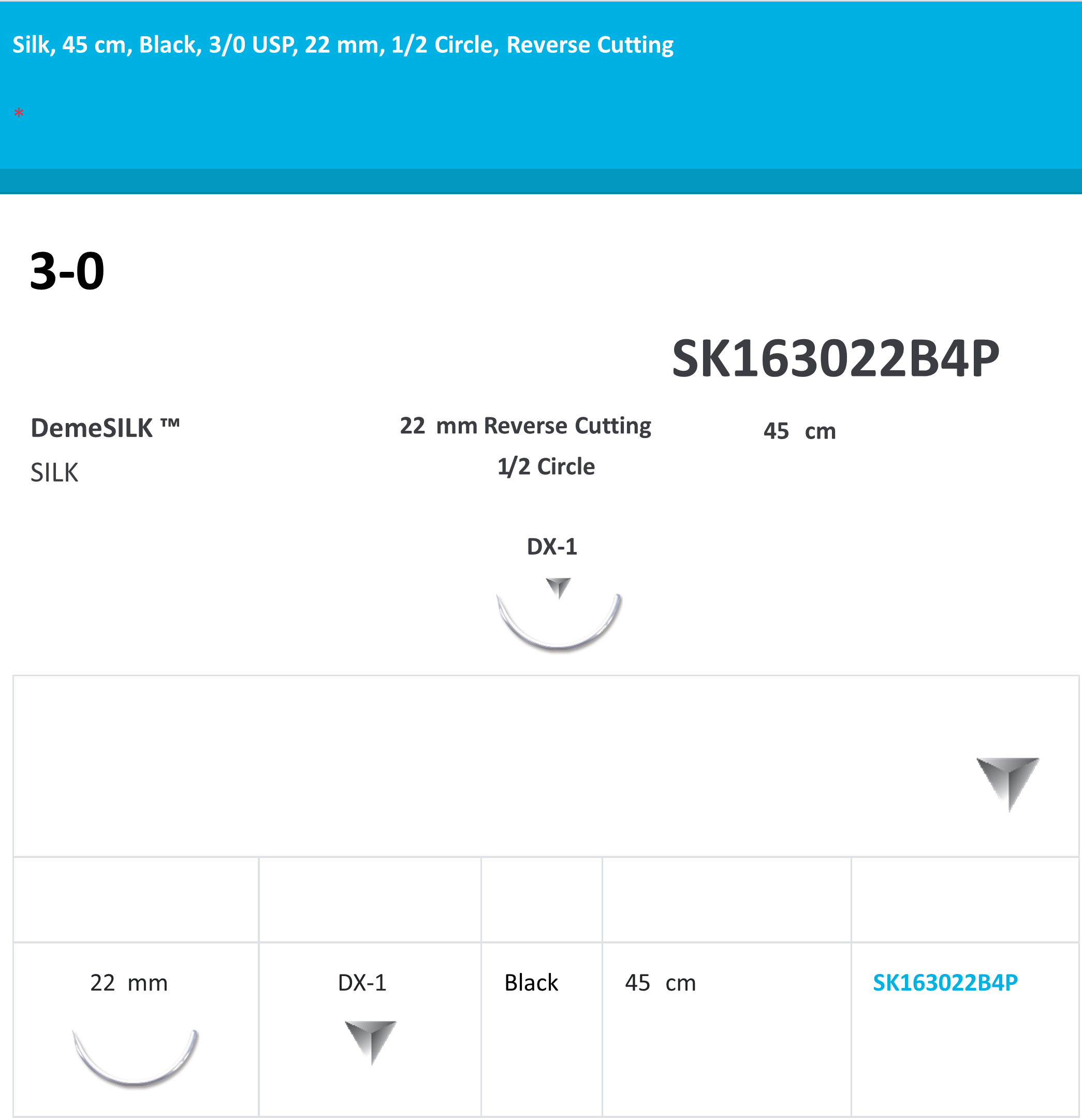 SILK 3-0 SUTURES, 45CM, BLACK, 3/0 USP, 22MM, 1/2 CIRCLE, REVERSE CUTTING 12/BX