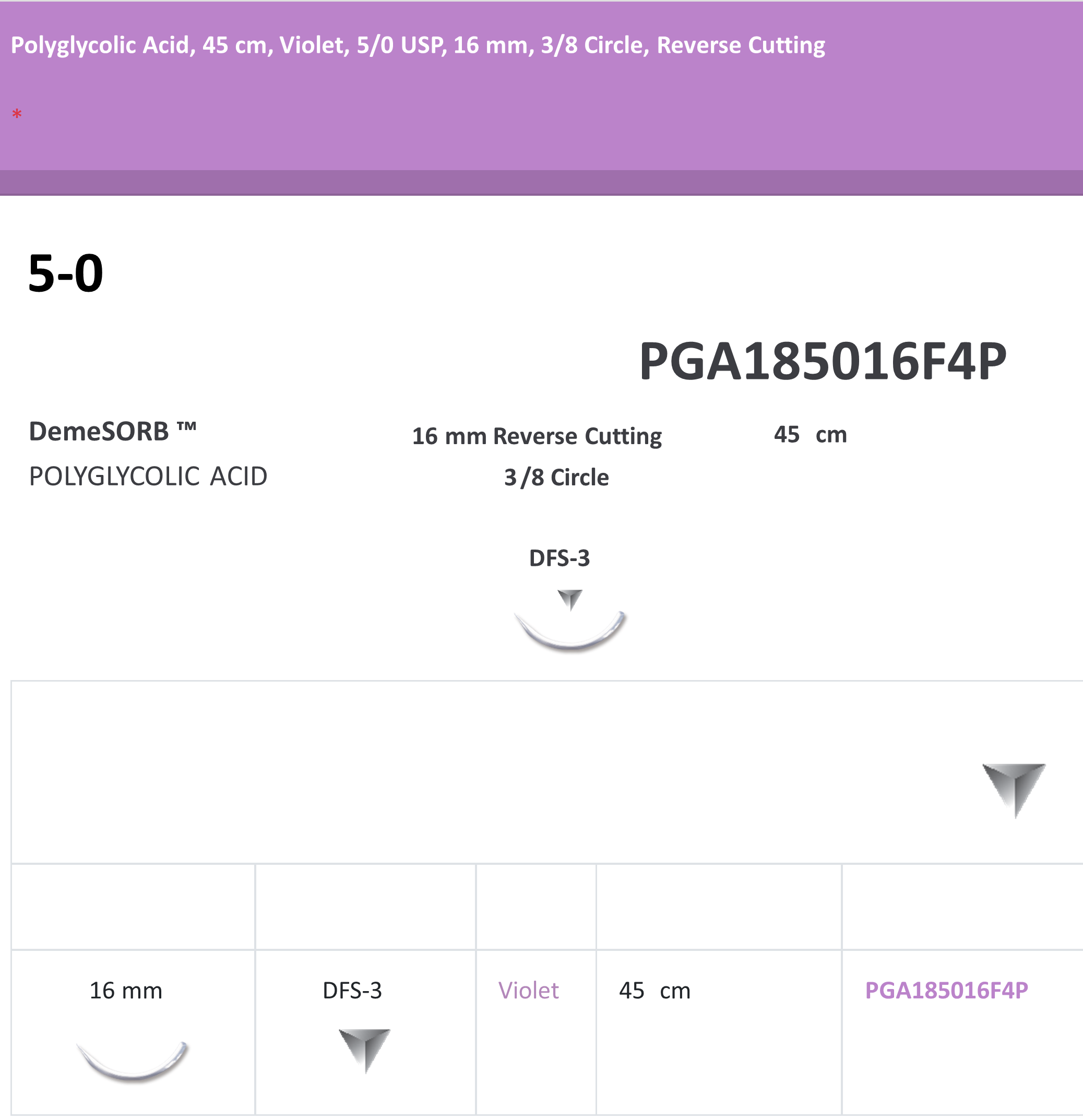 POLYGLYCOLIC 5-0 SUTURES, 45 CM, VIOLET, 5/0 USP, 16MM, 3/8 CIRCLE, REVERSE CUTTING 12/BX