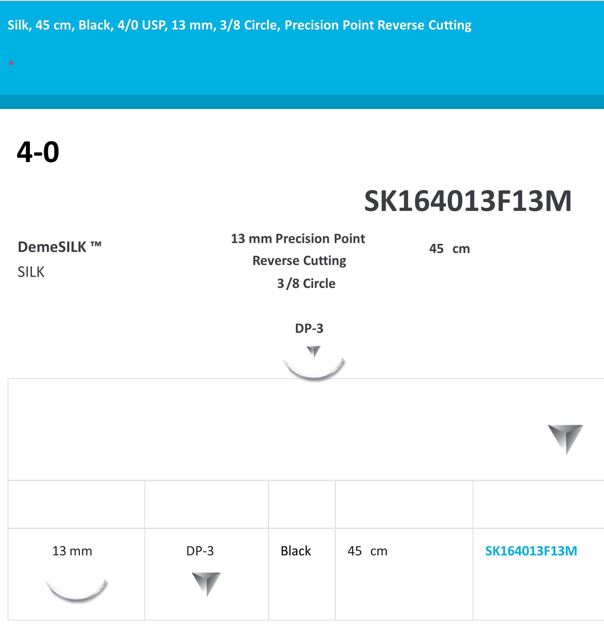 SILK 4-0 SUTURES, 45CM, BLACK, 4/0 USP, 13MM, 3/8 CIRCLE, PRECISION POINT REVERSE CUTTING 12/BX