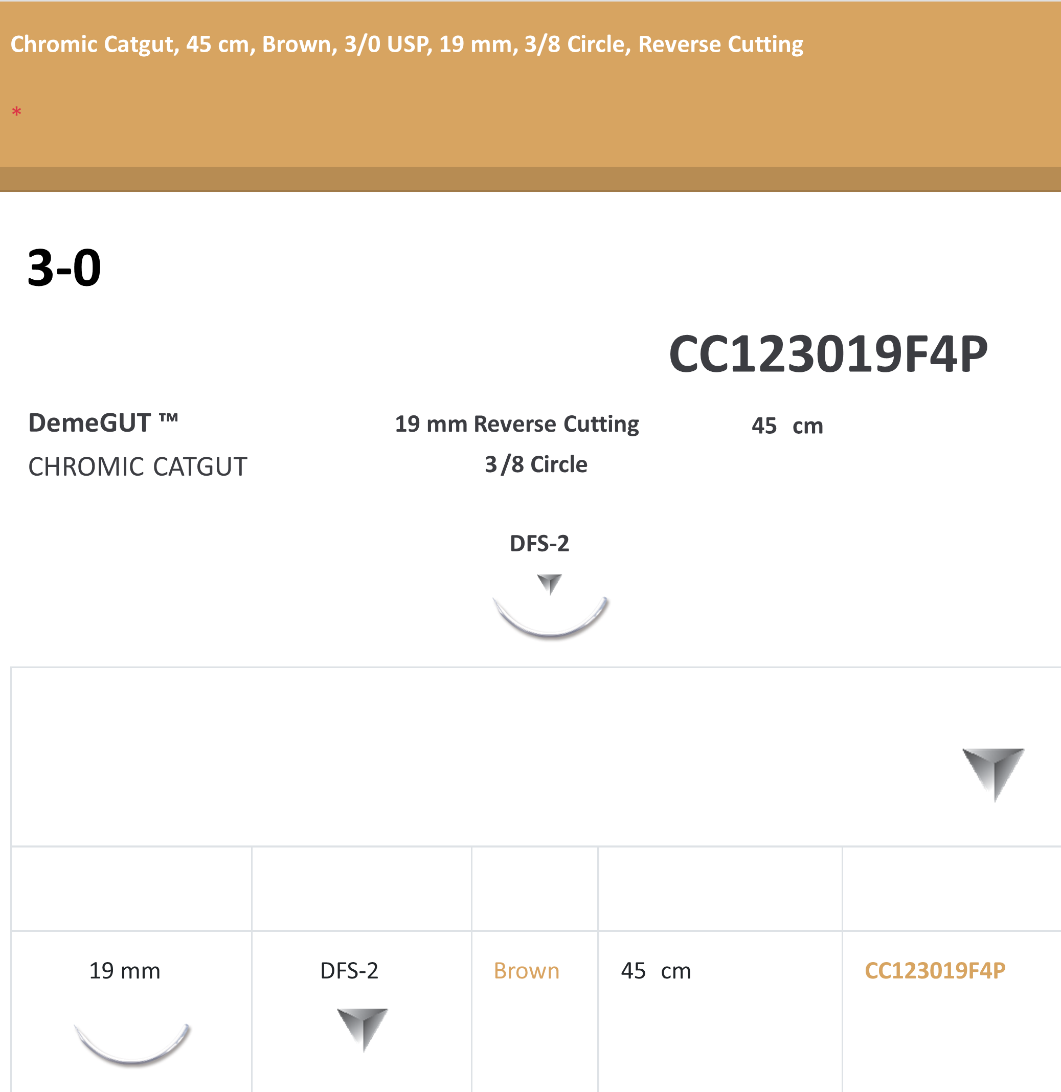 CHROMIC CATGUT 3-0 SUTURES, 45CM, BROWN, 3/0 USP, 19MM, 3/8 CIRCLE, REVERSE CUTTING 12/BX