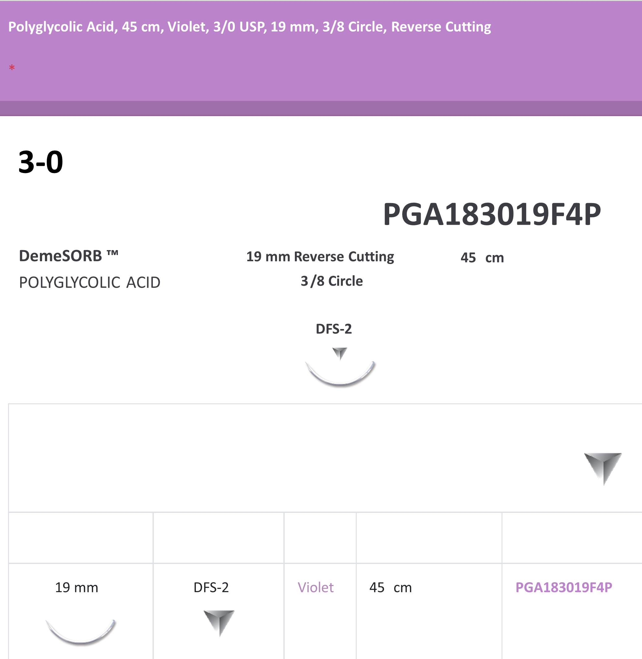 POLYGLYCOLIC ACID 3-0 SUTURES, 45CM, VIOLET, 3/0 USP, 19MM, 3/8 CIRCLE, REVERSE CUTTING 12/BX
