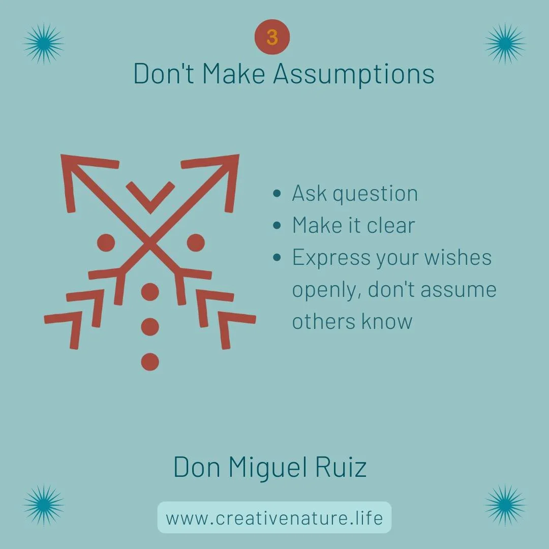 FOUR AGREEMENTS // DON'T MAKE ASSUMPTIONS

Don&rsquo;t assume that everyone sees what or how you see.  Speak your truth into existence, mean what you say and say what you mean. 

I always tell my kids, what I consider to be a valuable life lesson, is