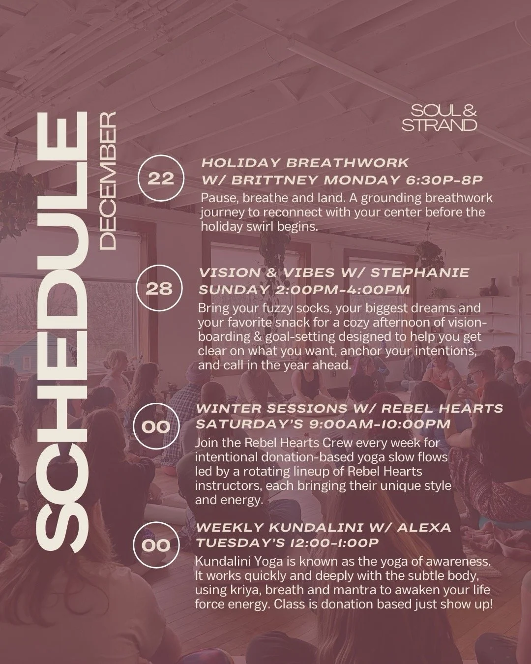 Offerings at @soulnstrand 

Join me or any of the Soul and Strand crew for some amazing Winter offerings!

My offerings at Soul &amp; Strand
Fri. 19 Dec 630-8pm Winter Solstice Yin Yoga &amp; Sound Bath
Sun 28 Dec 2-4pm Vision &amp; Vibes: Goal-setti