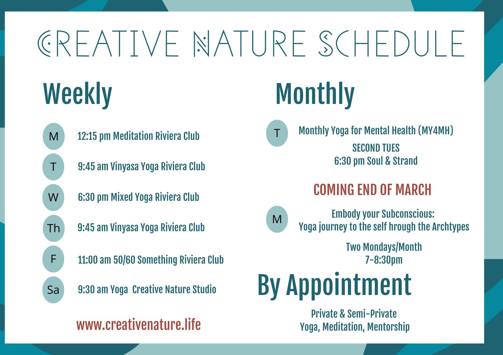 Classes // Workshops // Trainings with Creative Nature

GROUP YOGA CLASSES

Most of my group classes are taught at the Riviera Club.  It's an amazing family-oriented club on the north side of Indy. 

The Rivi has become my home, it has provided me wi