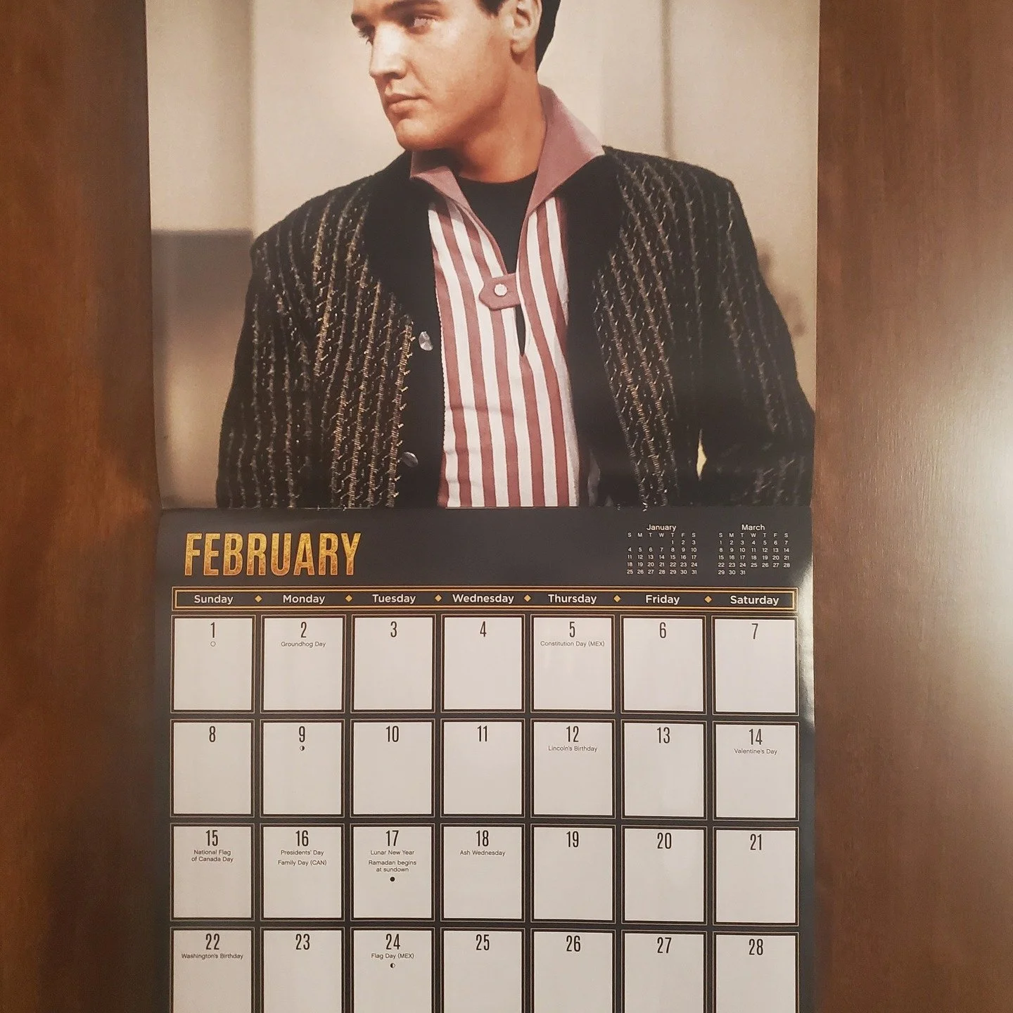 Visually appealing Calendar

I don't JUST mean Elvis!

There are exactly four weeks in February, which is true most years (except leap year).

This year they line up Sun-Sat and add a very eye-catching calendar view!

We discussed this at the end of 