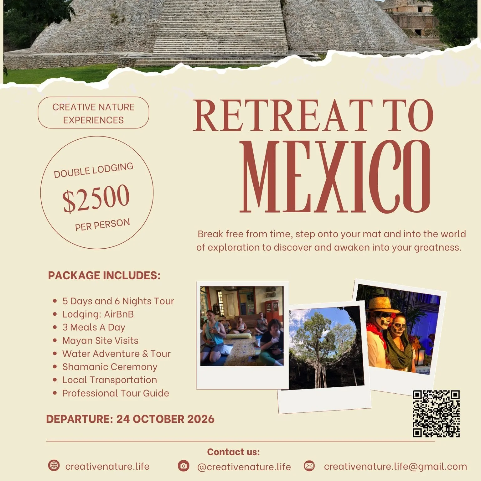 Retreat to Mexico October 2026

Break free from time, step onto your yoga mat and into the world of exploration to discover and awaken into your greatness.

Travel allows you to see life through different lenses, and from that perspective you get to 
