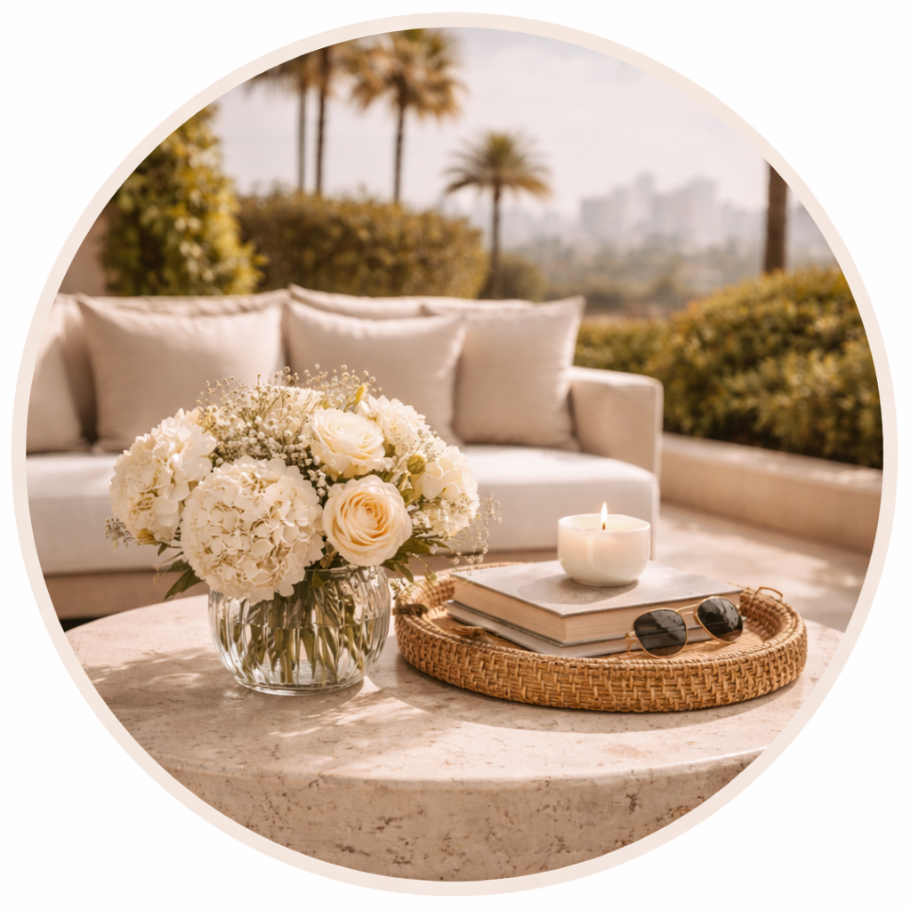 Cozy living room with a gray sofa, plants, and a wooden table with a chair. Books and plants are on white shelves. Sunlight filters through a window with blinds.