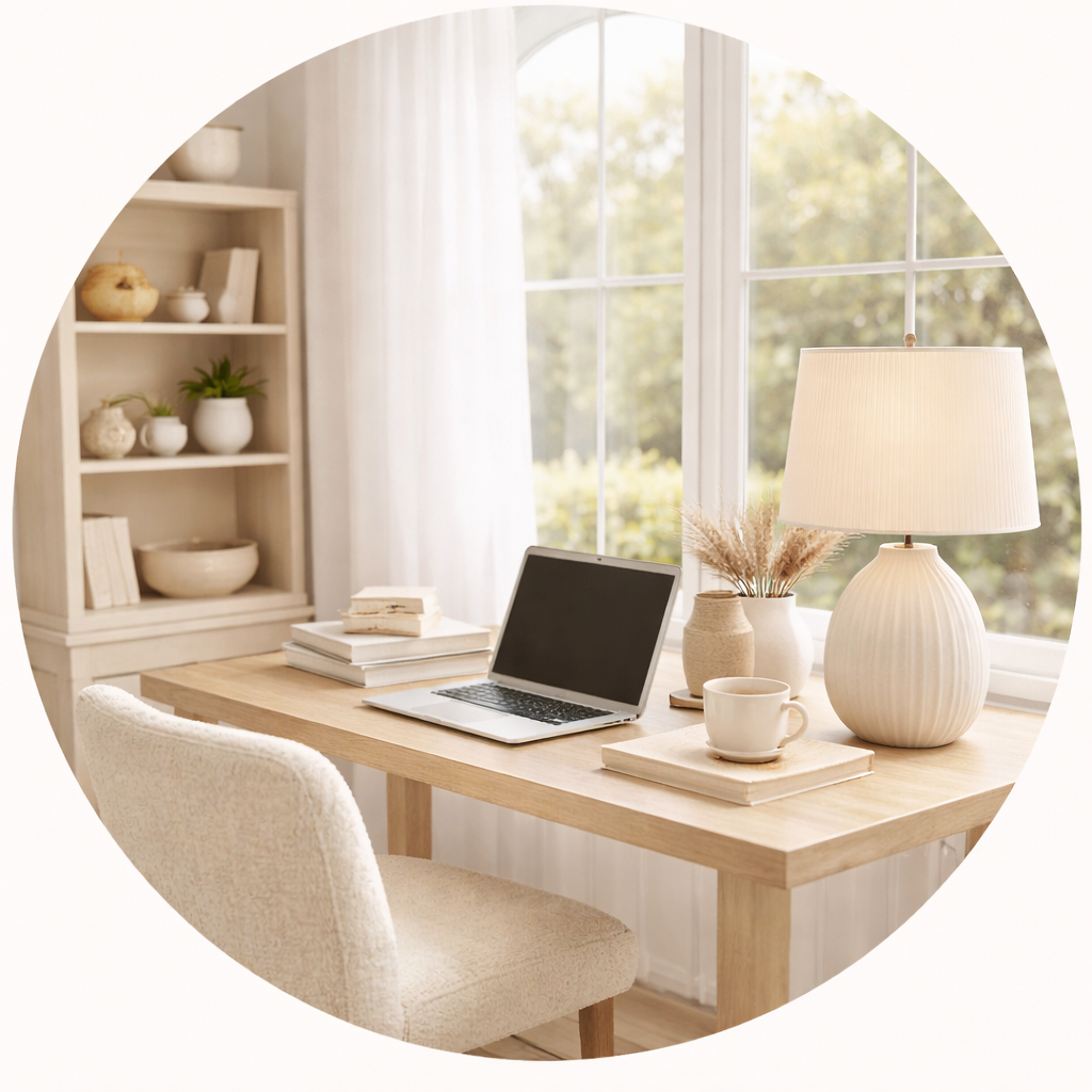 Wall decor featuring framed artwork, a tribal mask, potted plants on shelves, a green vase, a vintage camera, and various small decorative items.