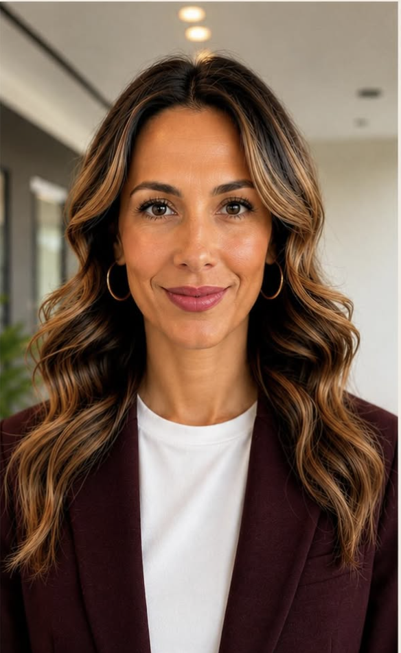 A woman with wavy brown hair and wearing hoop earrings, a white t-shirt, and a maroon blazer, smiling indoors.