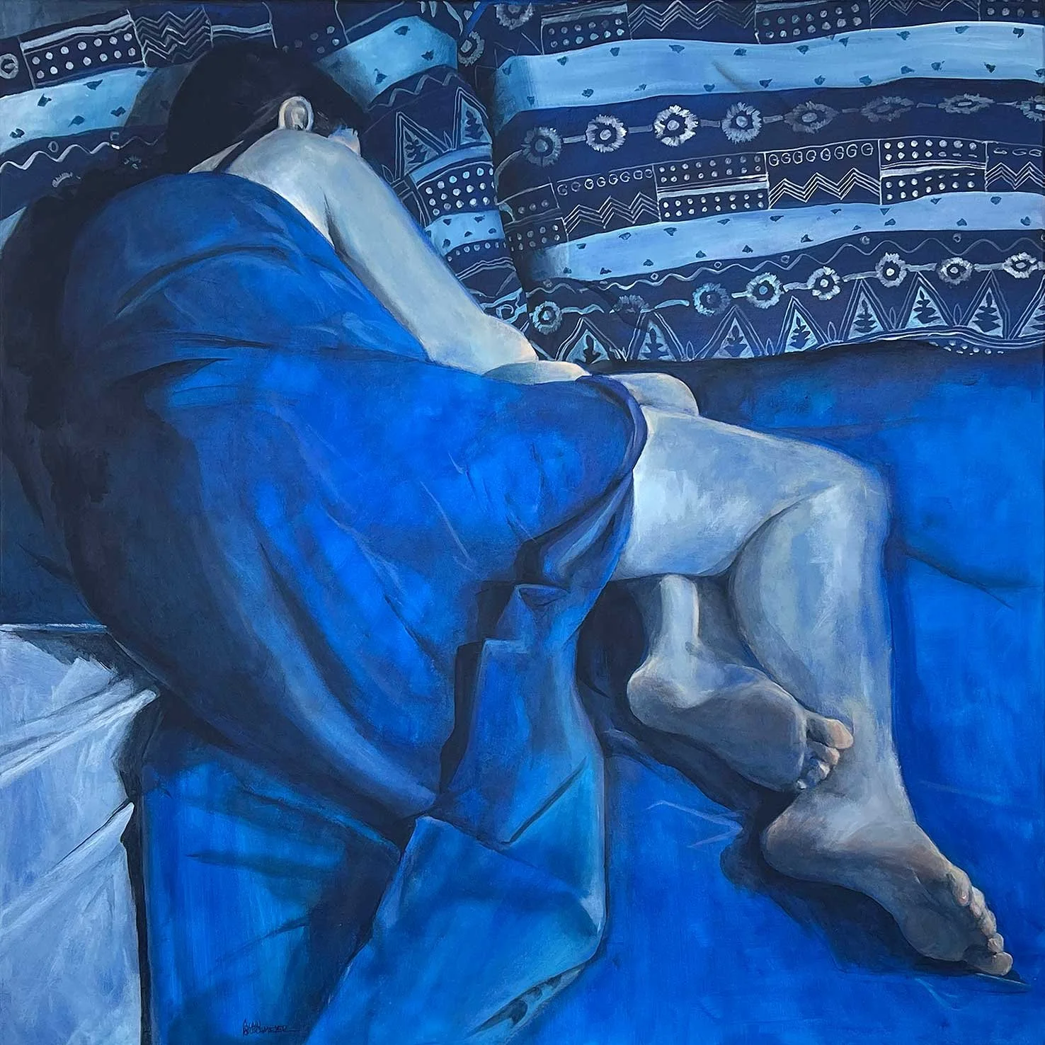 Peinture figurative contemporaine "La fille dans les draps bleus" une sélection originale de l'atelier rouschmeyer