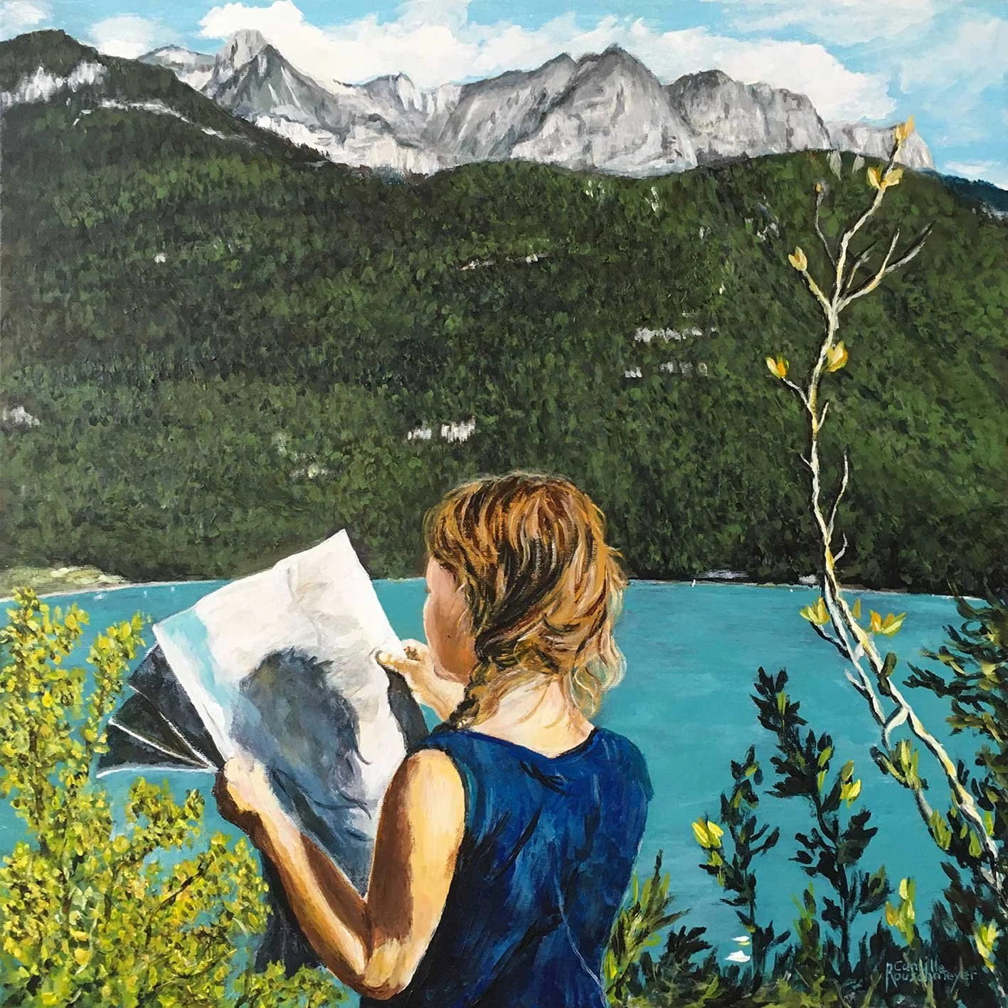 Jeune femme vêtue d'une robe bleue et qui étudie une carte de montagne - une oeuvre impressionniste de l'artiste Camille Rouschmeyer - Haute Savoie France