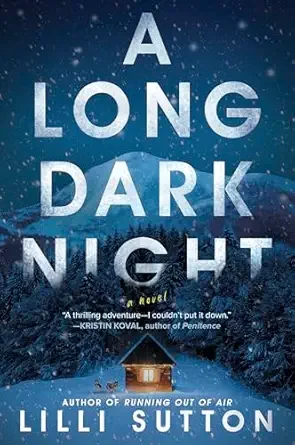 Book cover titled 'A Long Dark Night' by Lilli Sutton, featuring a snowy scene with a small cabin and trees, under a starry night sky.