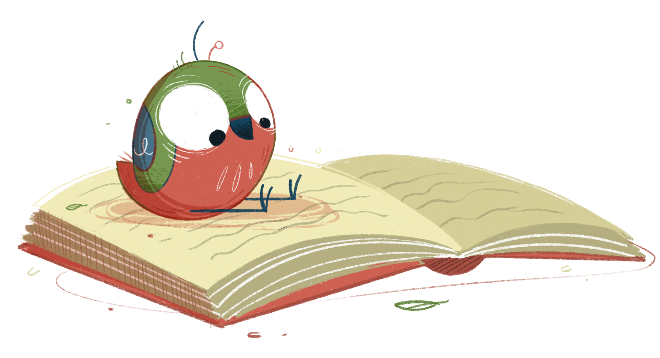 A colorful, cartoon-style illustration of a round bird with large eyes sitting on an open book.