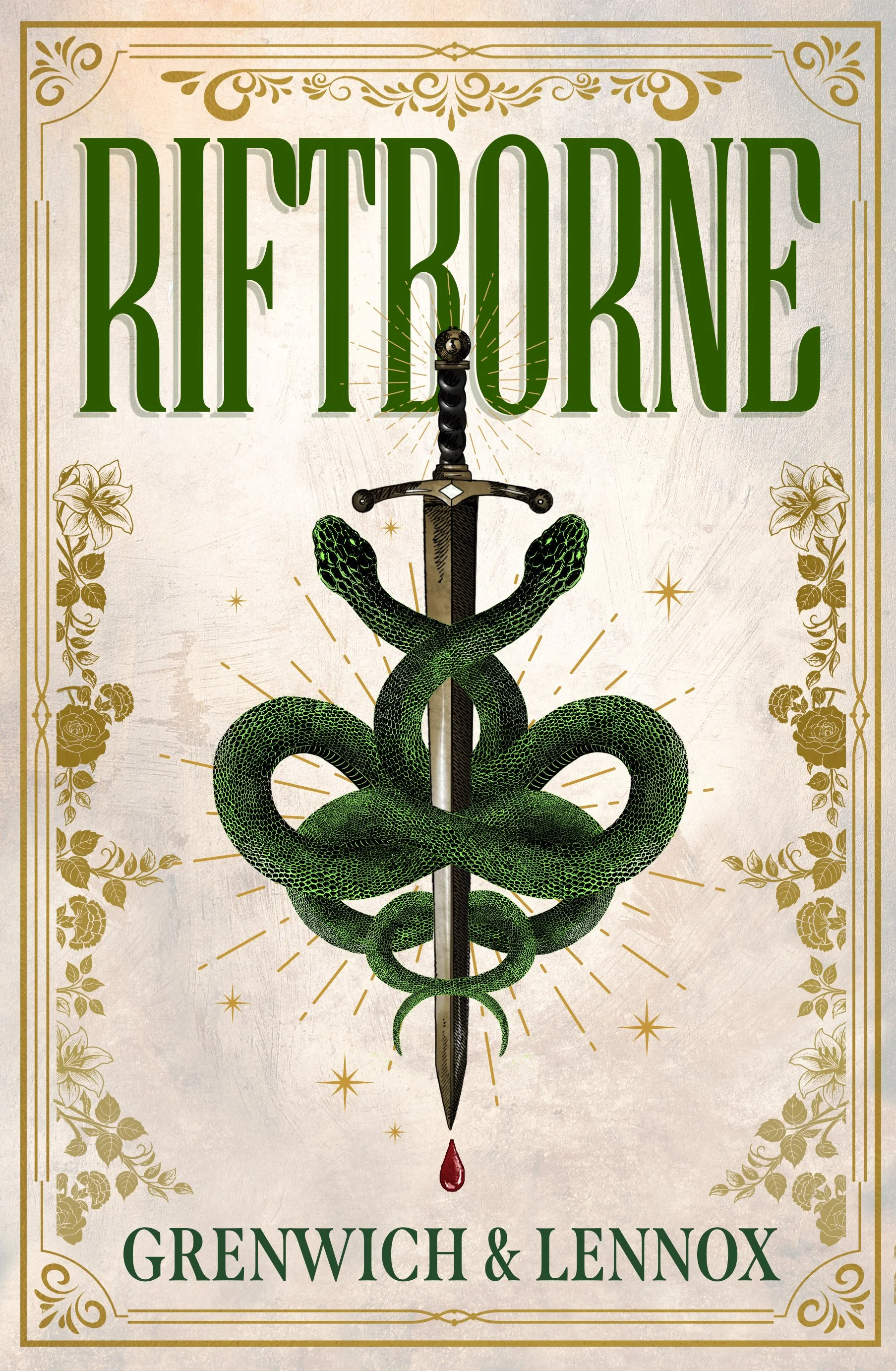 Book cover titled 'Revolution' featuring a green snake coiled around a sword with a drop of blood, decorative gold border, and floral accents, with text 'Grenwich & Lennox' at the bottom.