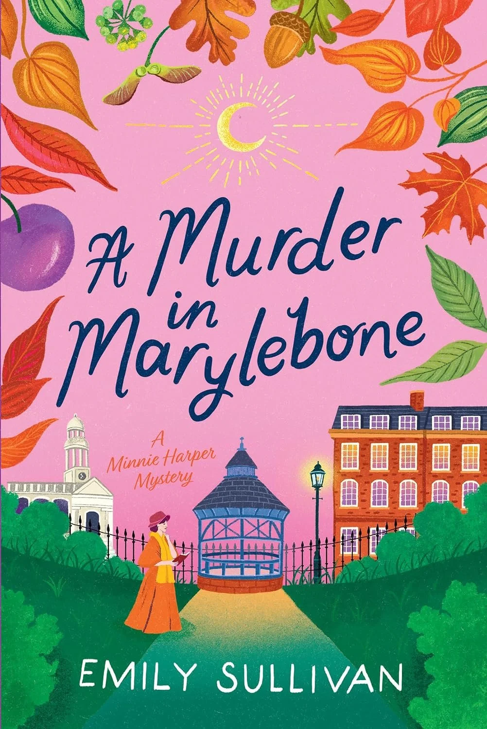 Book cover of “A Murder in Maryland” by Emily Sullivan, featuring a pink background with autumn leaves and a crescent moon with sun rays in the top center. The illustration includes a woman in an orange dress reading a book in a park.