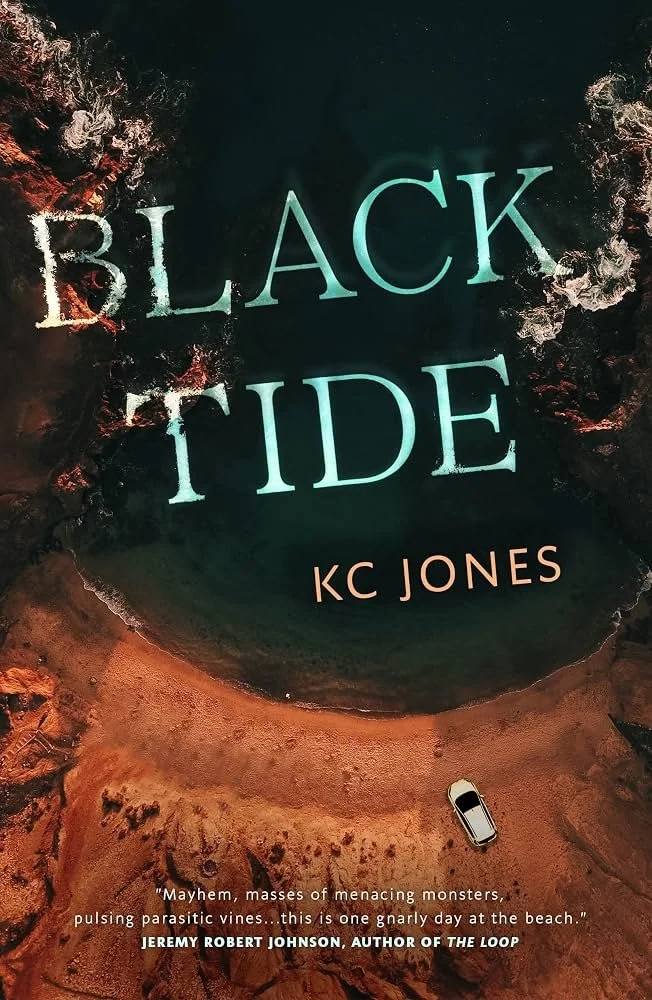 Book cover for “Black Tide” by KC Jones, featuring an aerial view of a beach with a large body of water and a small white car. The title is in large letters and a quote from Jeremy Robert Johnson at the bottom.