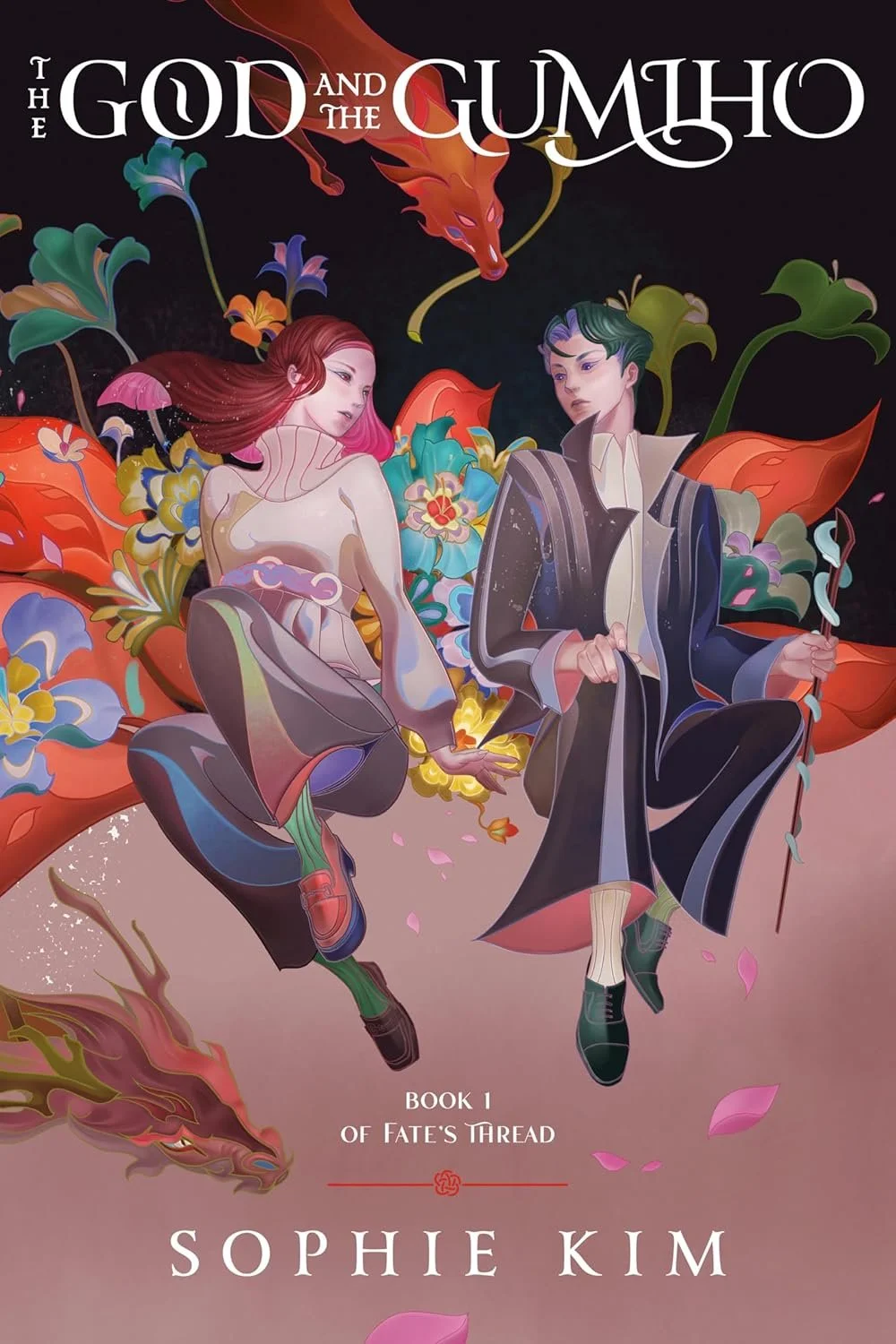 Cover of 'The God and the Gumiho,' featuring a woman with red hair and a man with green hair, sitting amidst colorful flowers and a glowing dragon head in the background. The text indicates it's the first book of Fate's Thread by Sophie Kim.