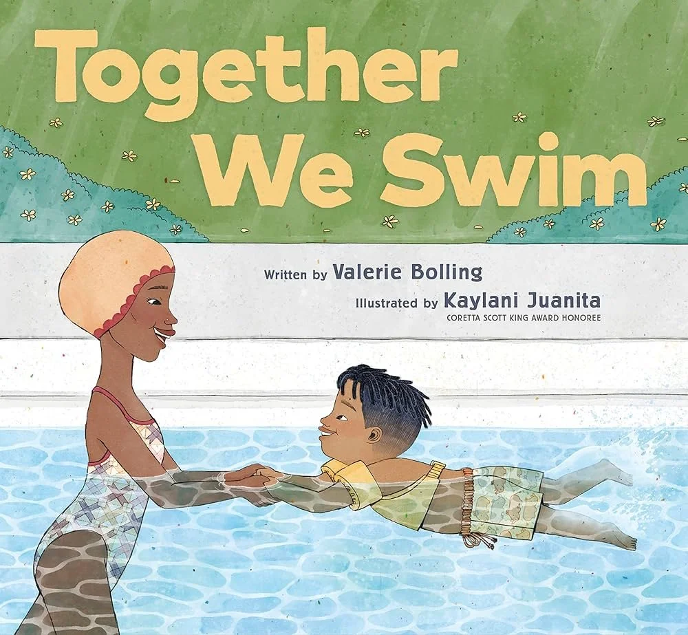 An illustrated book cover titled 'Together We Swim' showing a woman in a swimsuit holding hands with a young child swimming in a pool.