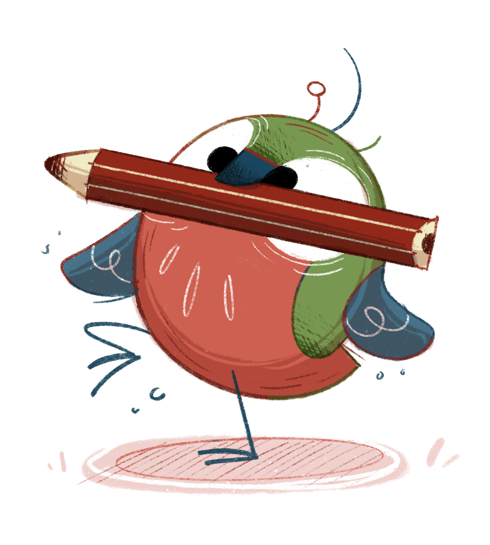 A cute cartoon-style bird with big eyes holding a red pencil in its beak, sitting on a red oval-shaped platform.