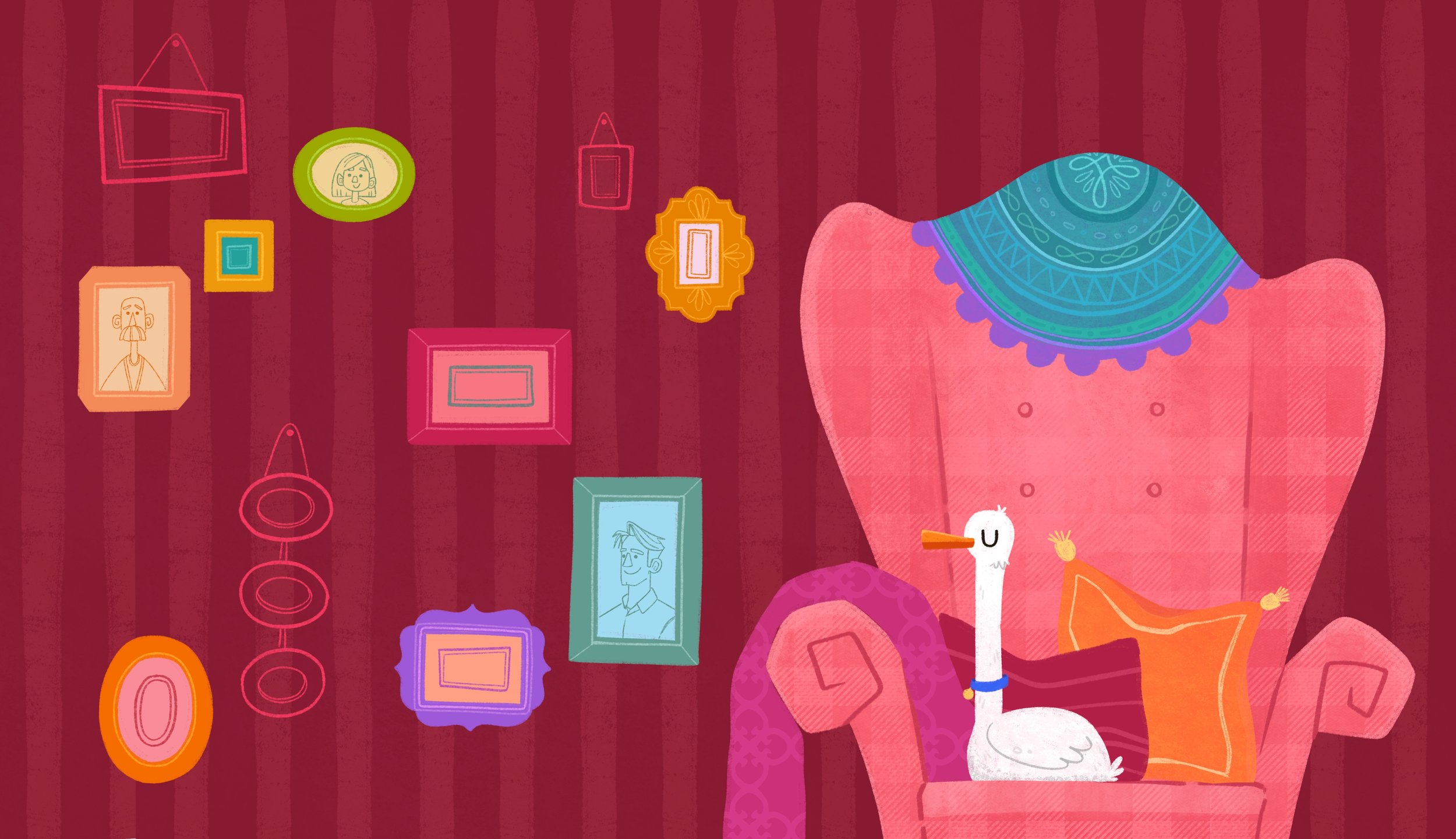 An illustration of a duck with a long neck, perched atop the seat of a red armchair. The background is deep red striped wallpaper, and is adorned with hanging portraits in various colors.