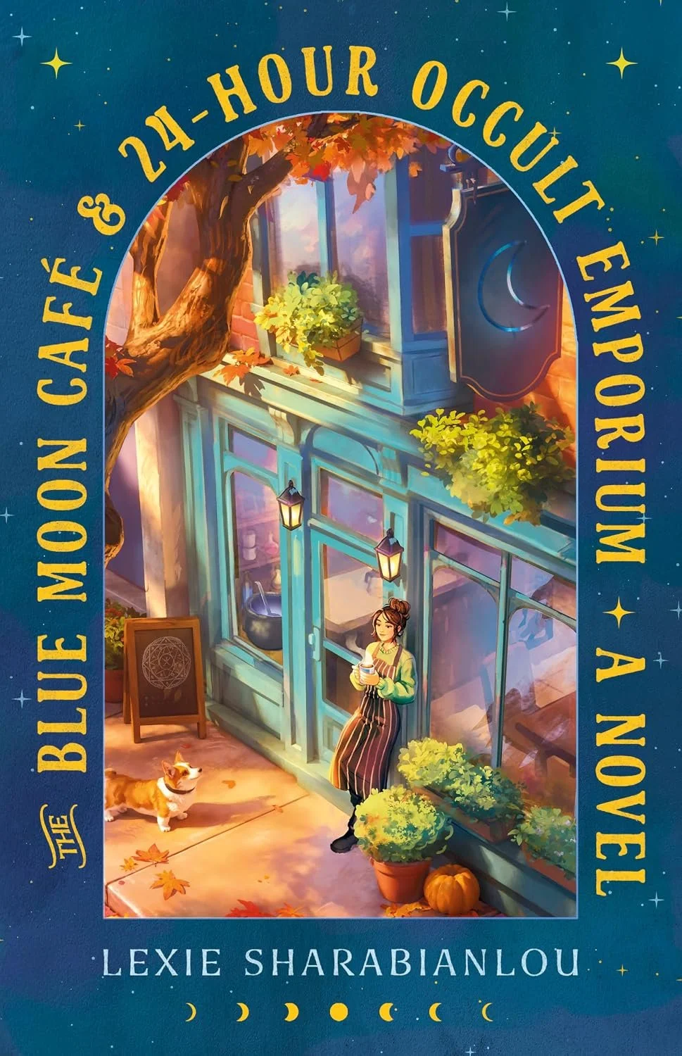 Book cover of “The Blue Moon Café & 24-Hour Occult Emporium" by Lexie Sharabianlou, featuring an illustration of a woman leaning her back against the green door of a shopfront with large windows, framed by pumpkins and a tree with orange leaves.