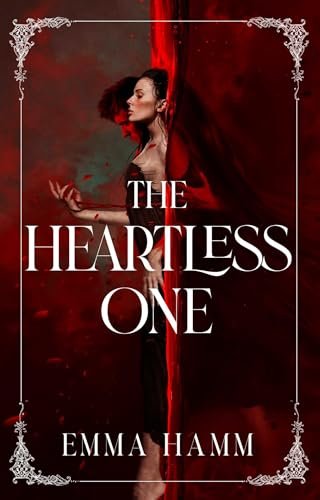 Book cover titled 'The Heartless One' by Emma Hamm, featuring a woman with short curly hair, standing against a red background with dark and red tones, and decorative borders.