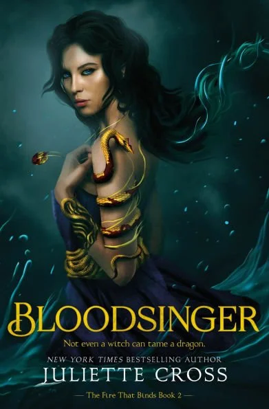 Book cover for 'Blood Singer' featuring a dark-haired woman with a serious expression, wrapped in gold and red snake-like chains, set against a dark, mystical background with glowing blue elements.