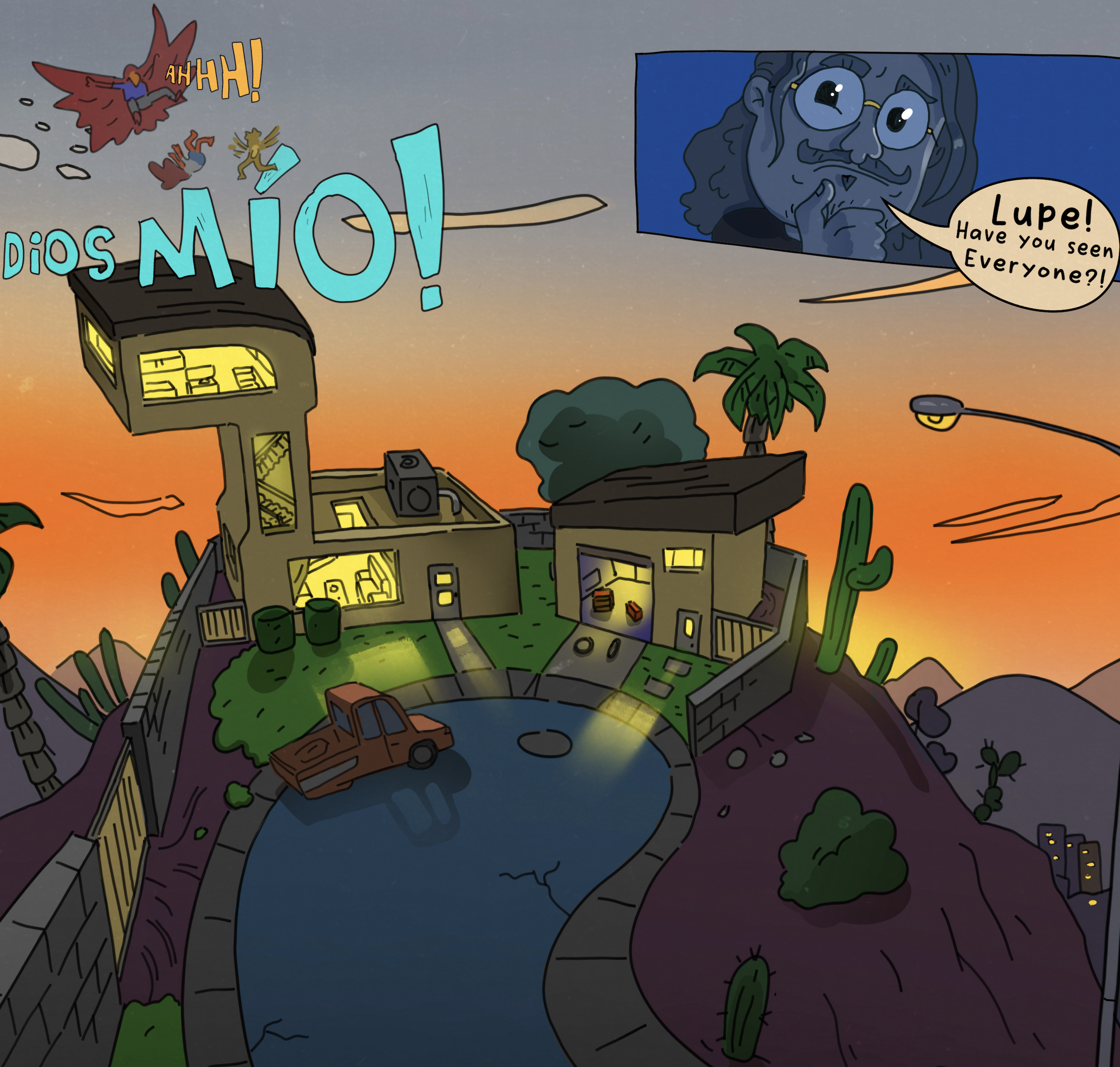 A cartoon street scene during sunset with buildings, trees, a small pond, and a brown pickup truck. A large dark cloud with sad eyes and a speech bubble asks, "Lupel! Have you seen everyone?!" A man flying through the air with a red cape and a woman with angel wings are also visible.