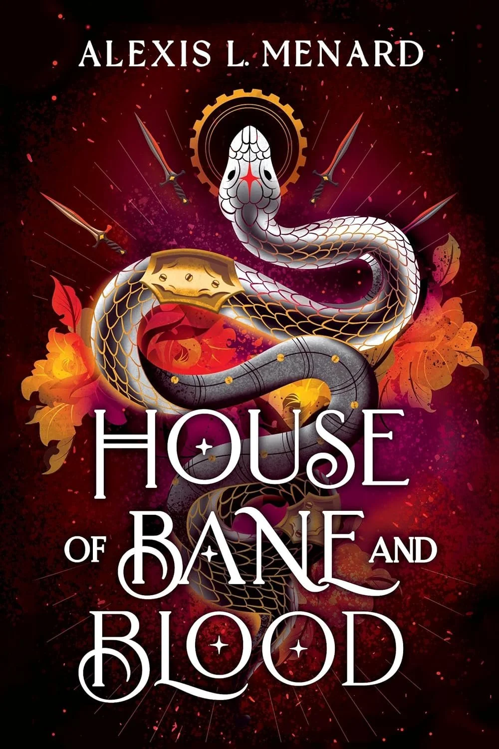 Book cover for 'House of Rage and Blood' by Alexis L. Menard, featuring a snake with armor and swords against a dark, fiery background with orange leaves.