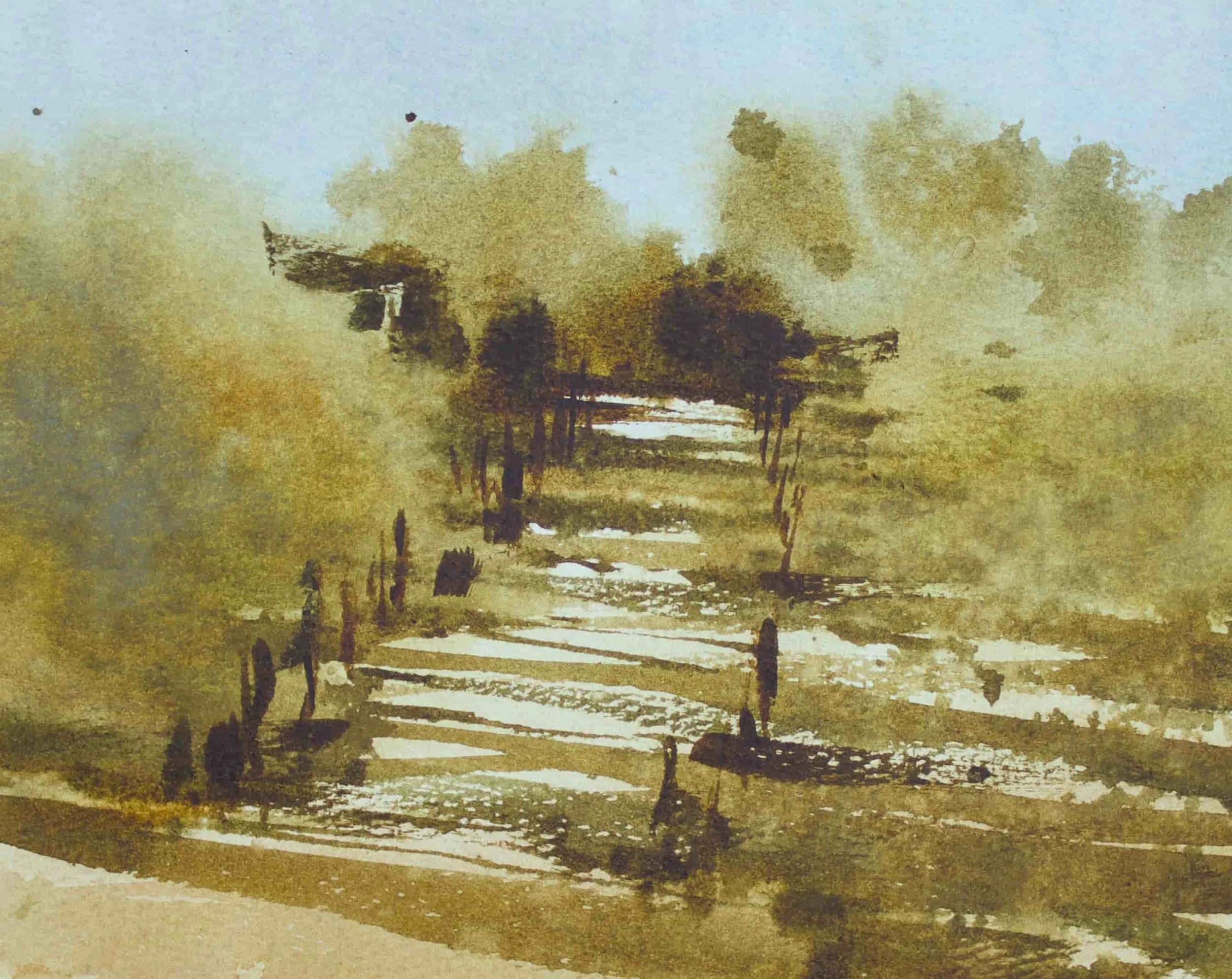 Paisaje pintado con tonos aurorazados y verdes, mostrando árboles y un sendero con sombras al atardecer.