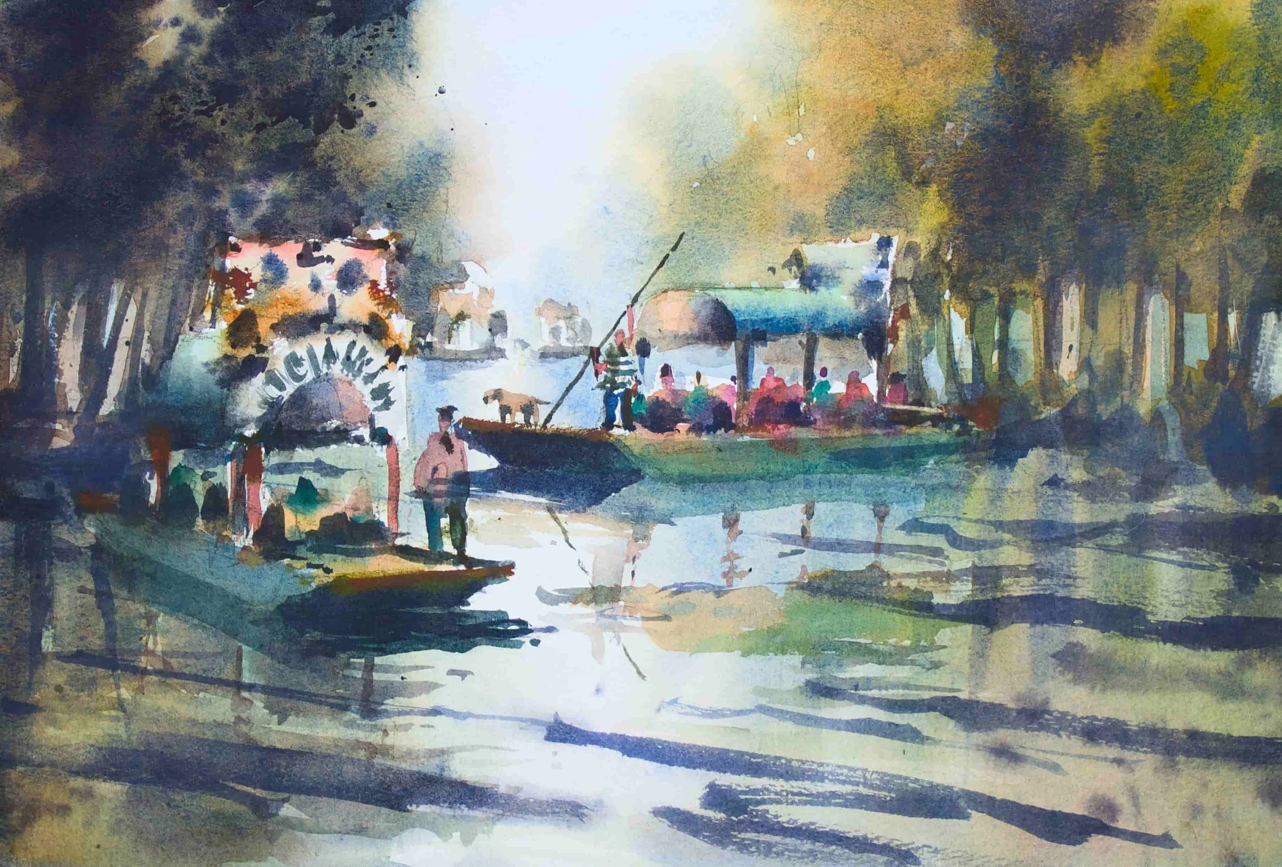 Escena de un río con botes y personas, rodeada de árboles, en estilo acuarela.