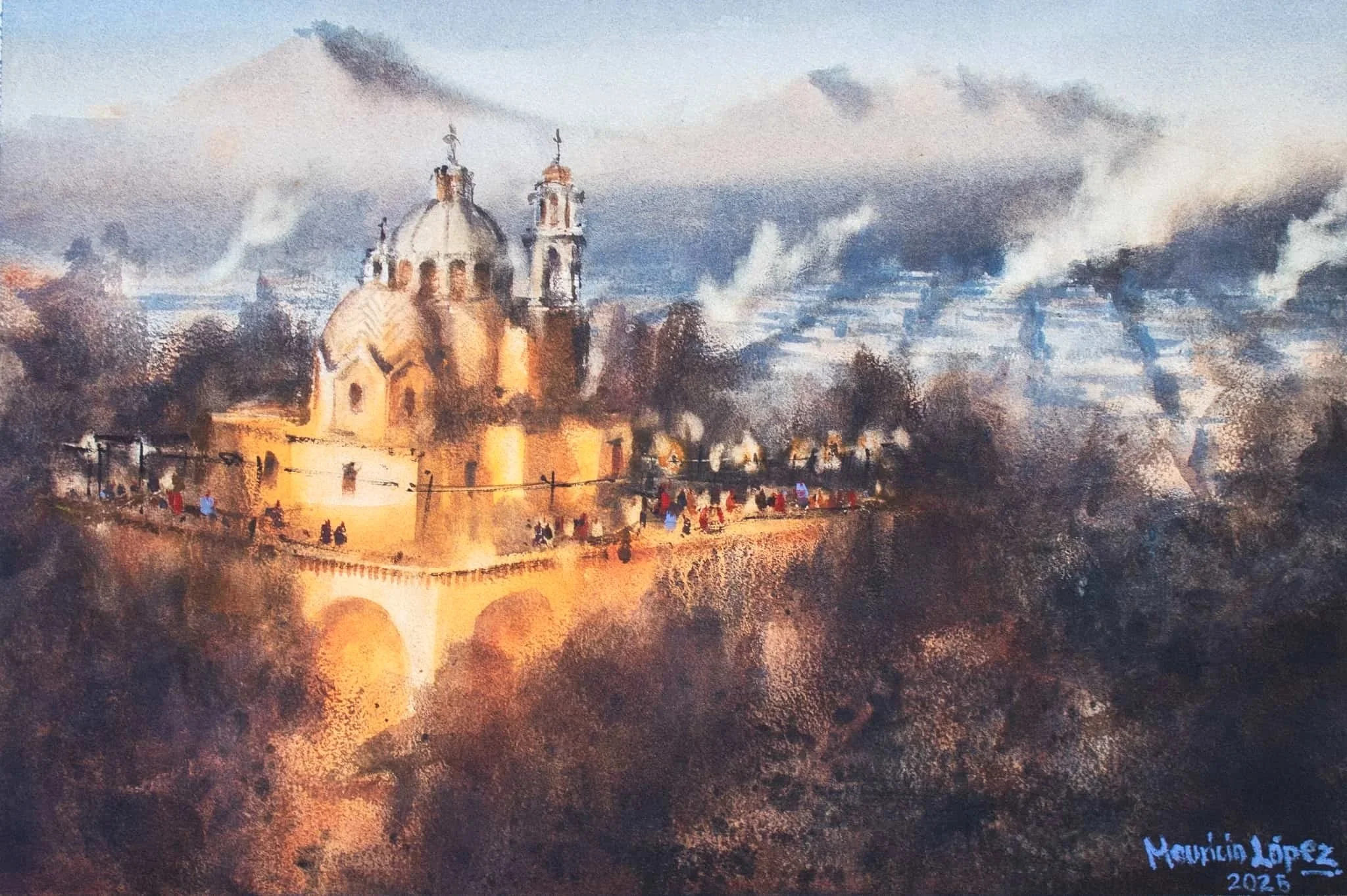 Pintura de una iglesia colonial con cúpulas y campanarios, en un paisaje con humo y fábricas en el fondo, y varias personas caminando en el puente. Colores cálidos y tonos oscuros predominan en la escena.