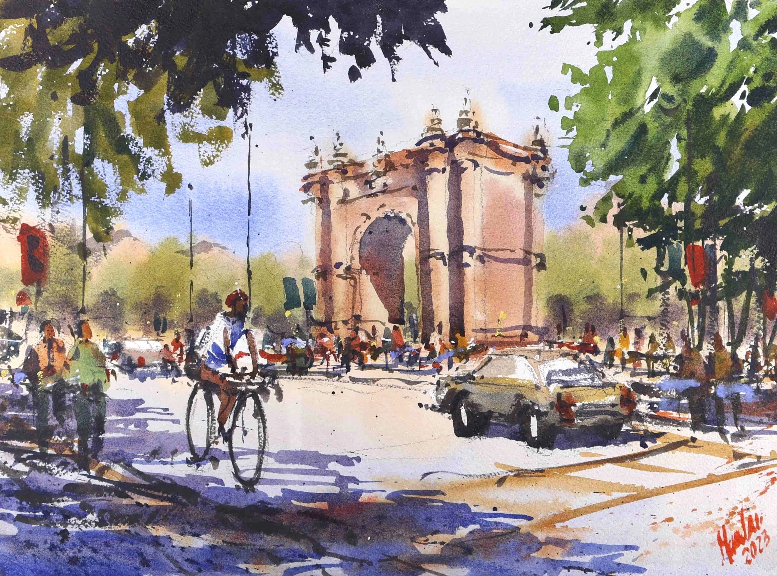 Pintura de una calle con muchos peatones y un ciclista, frente a un monumento grande, bajo árboles verdes, con autos y señales de tránsito.