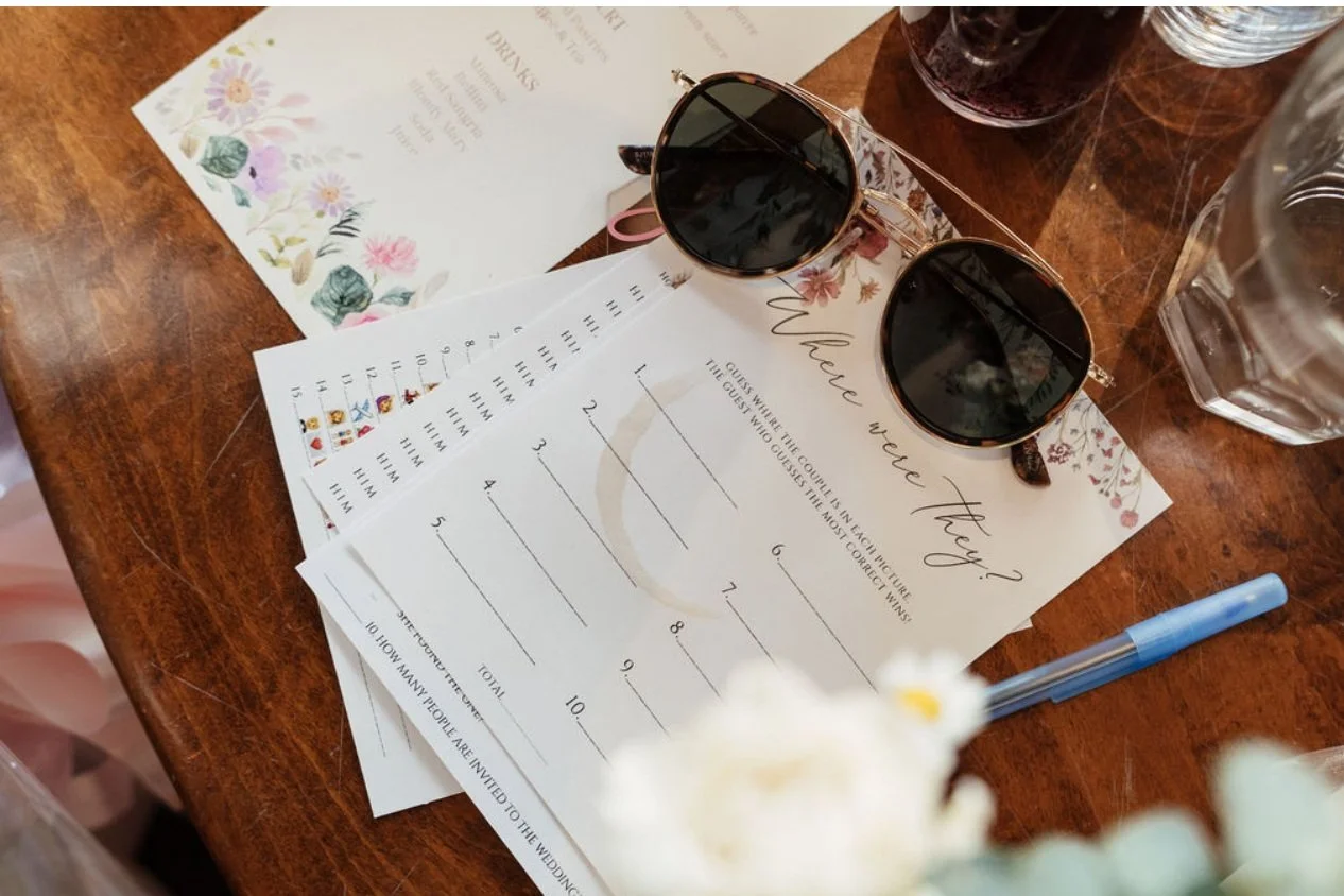 A wedding guestbook sign-in sheet with sunglasses, a pen, and drinks on a wooden table. The sheet asks, 'Where were they?' and has numbered lines for guest names. Wedding & Event Planner Hudson Valley, NYC, New York, Bergen County, New Jersey