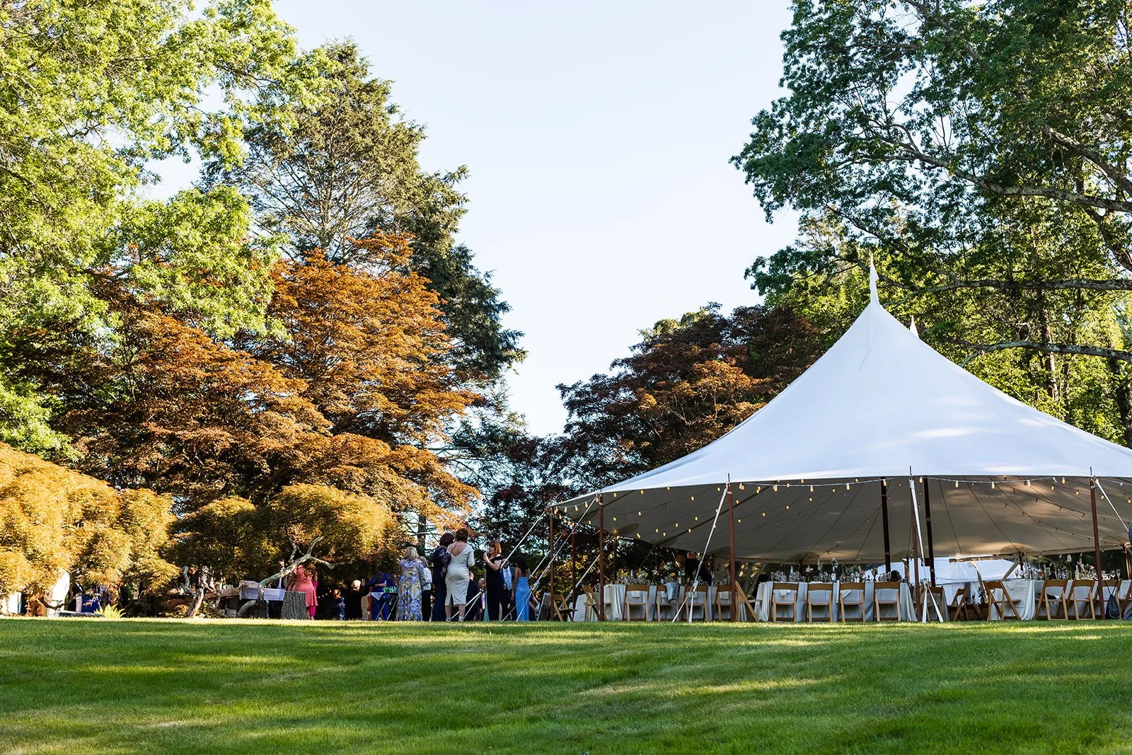 Outdoor New York wedding reception with shaded seating and curated details prioritizing guest comfort and experience.