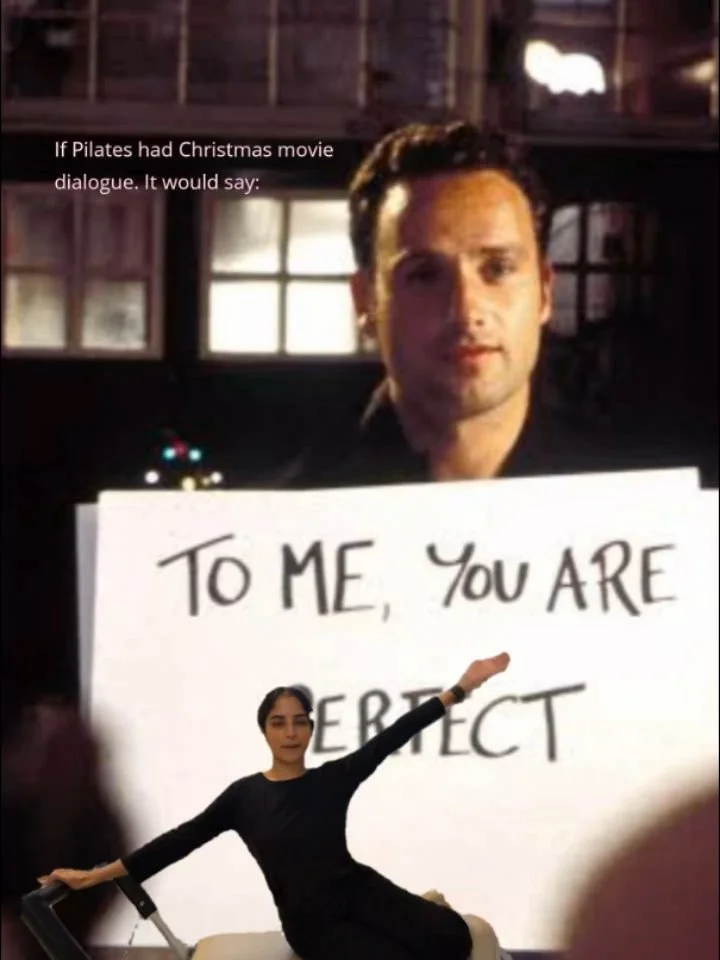 If Pilates had Christmas movie dialogue 🎄 Here are some classic Christmas lines bringing festive spirit to these classic exercises. 

Save for the workout or the rewatch! 💝

1. "To me, you are perfect", Love Actually 
&amp; Mermaid with T