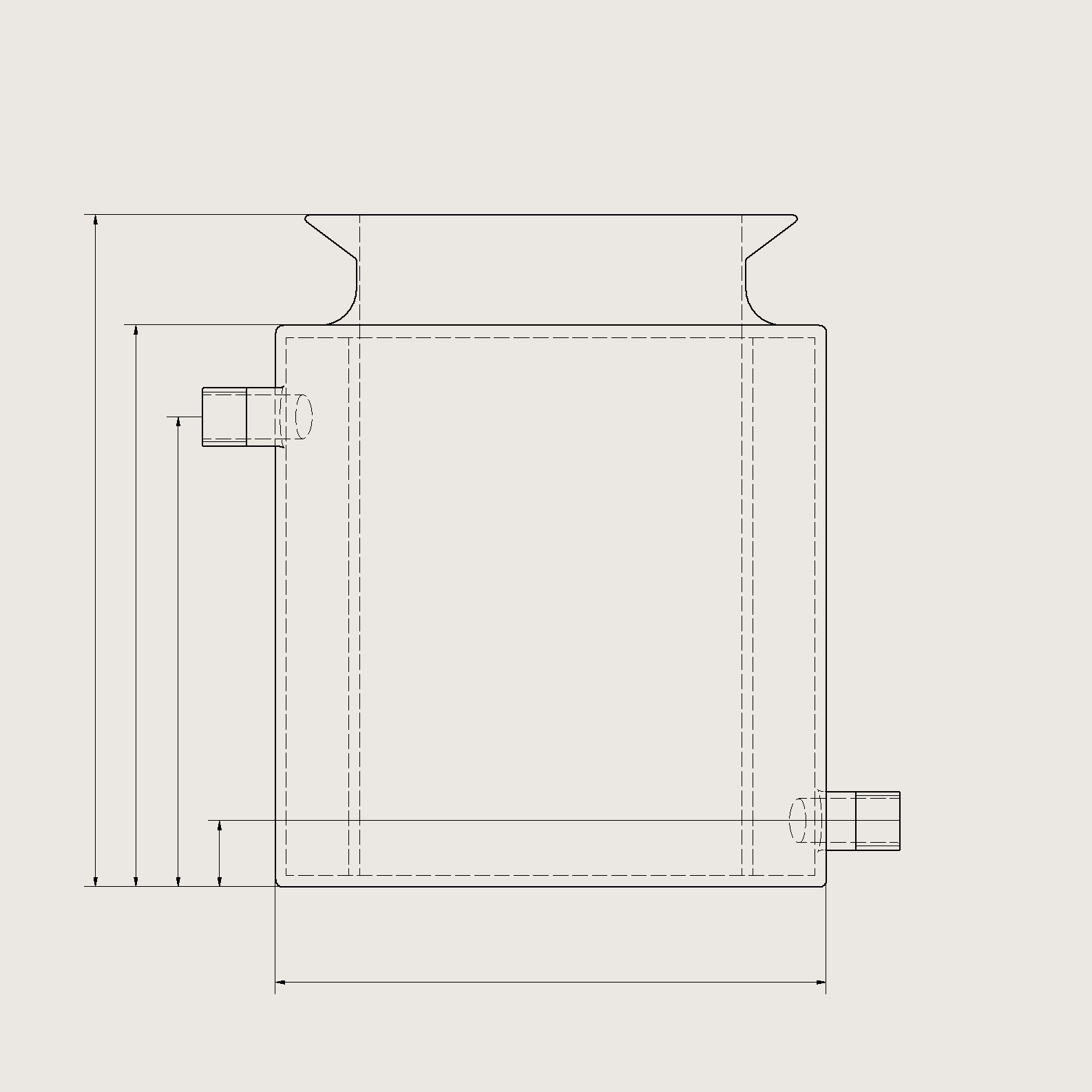 Technical drawing of a borosilicate glass reaction vessel with a water jacket and an inlet/outlet to drain the reaction chamber, dimensions marked.
