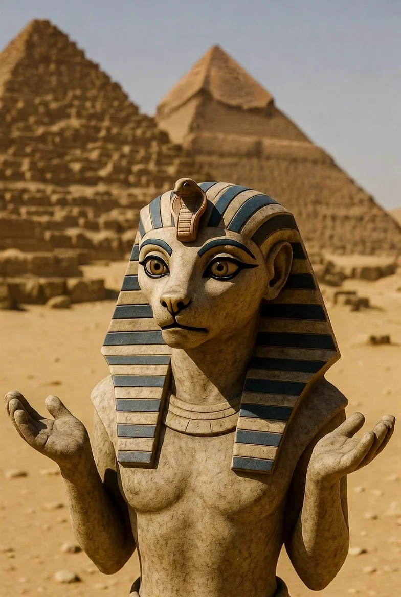 An ancient Egyptian sphynx shrugs with the Egyptian desert and pyramids in the background.