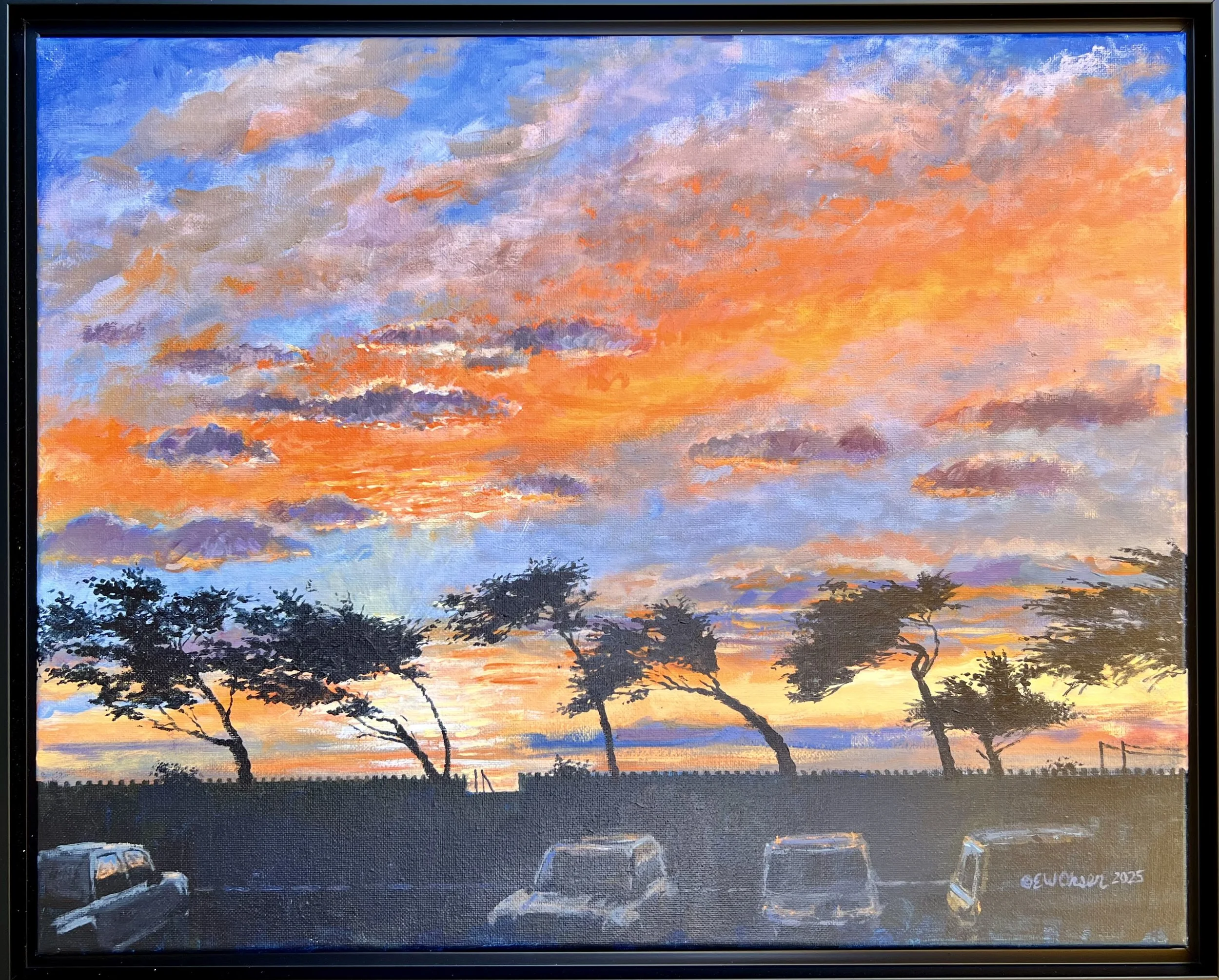 Shamel Park Sunset, Cambria, California
20x16 acrylic on canvas, Framed $350.00
