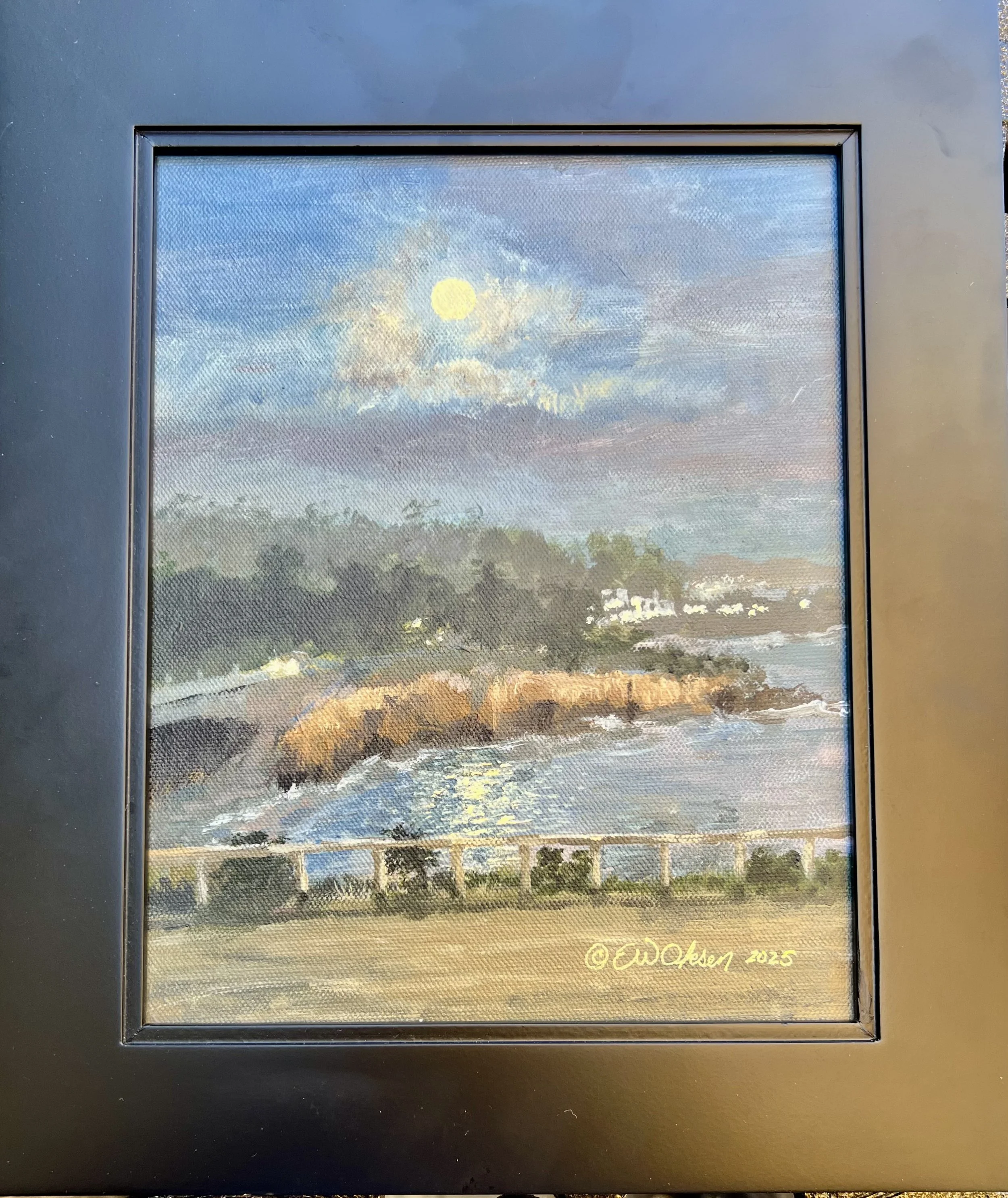 Full Moon at Leffingwell Cove Cambria, California 10x8 acrylic on canvas board framed $150.00