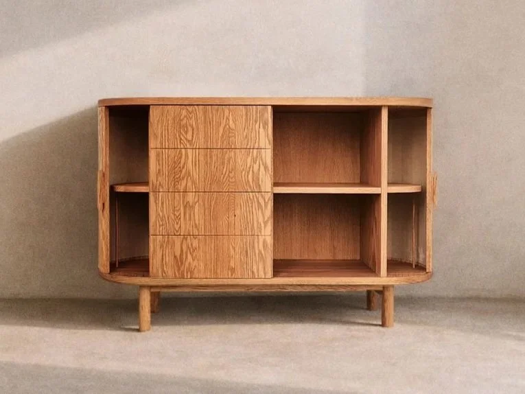 Aparador de madera maciza de roble, con dos persianas laterales y cuatro cajones centrales. Estilo contemporáneo de inspiración japonesa y art deco. Abierto.