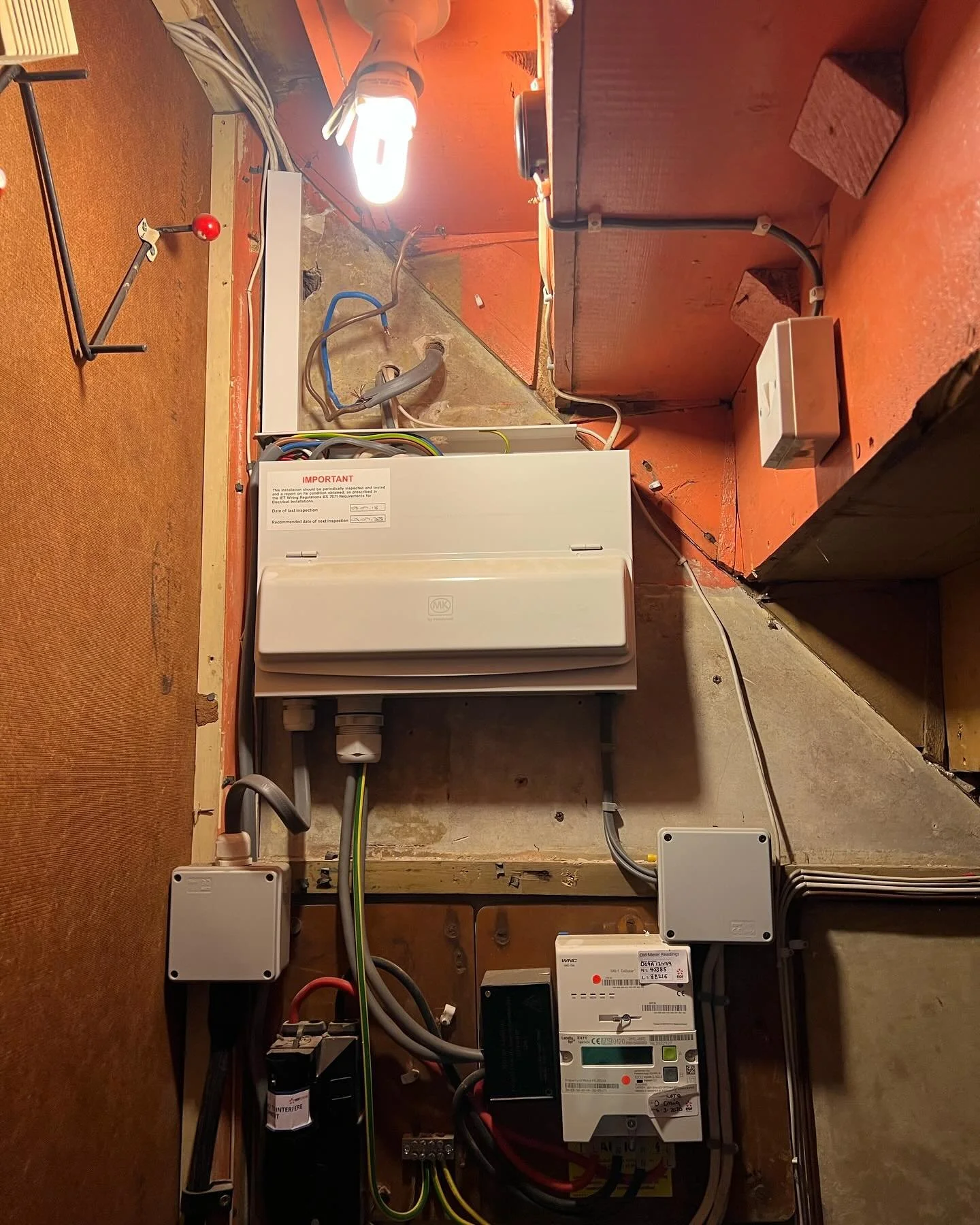 Fuseboard change, customer brought a house and found one electric shower was disconnected at the board to allow for outhouse power. Outside still wasn&rsquo;t wire correctly, as it ended the stop of the main switch, having no armoured cable protectio