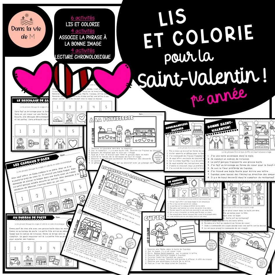 💘 Lis et colorie – Spécial Saint-Valentin (1re année) 💘