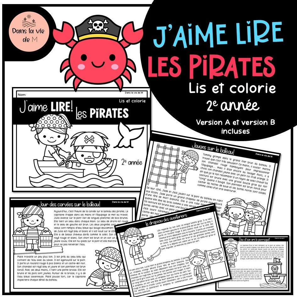 🏴‍☠️ J’aime lire ! – Les pirates - Lis et colorie – 2e année